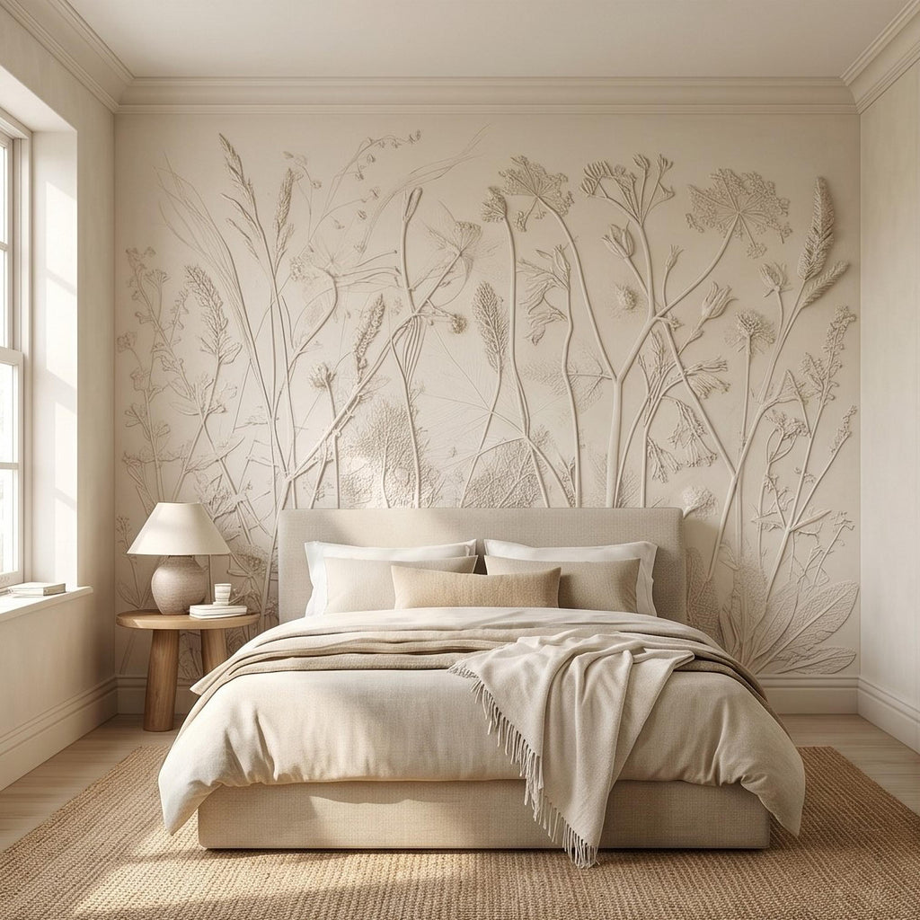 Neutral Botanical Peel and Stick Wall Mural, Textured Plaster Wildflower Wallpaper, Embossed Beige Nature Wall Decor