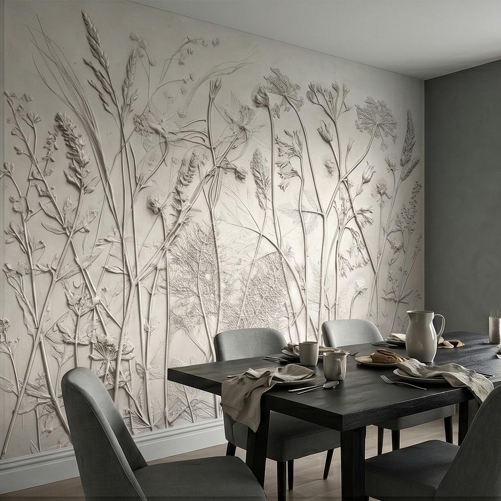 Neutral Botanical Peel and Stick Wall Mural, Textured Plaster Wildflower Wallpaper, Embossed Beige Nature Wall Decor