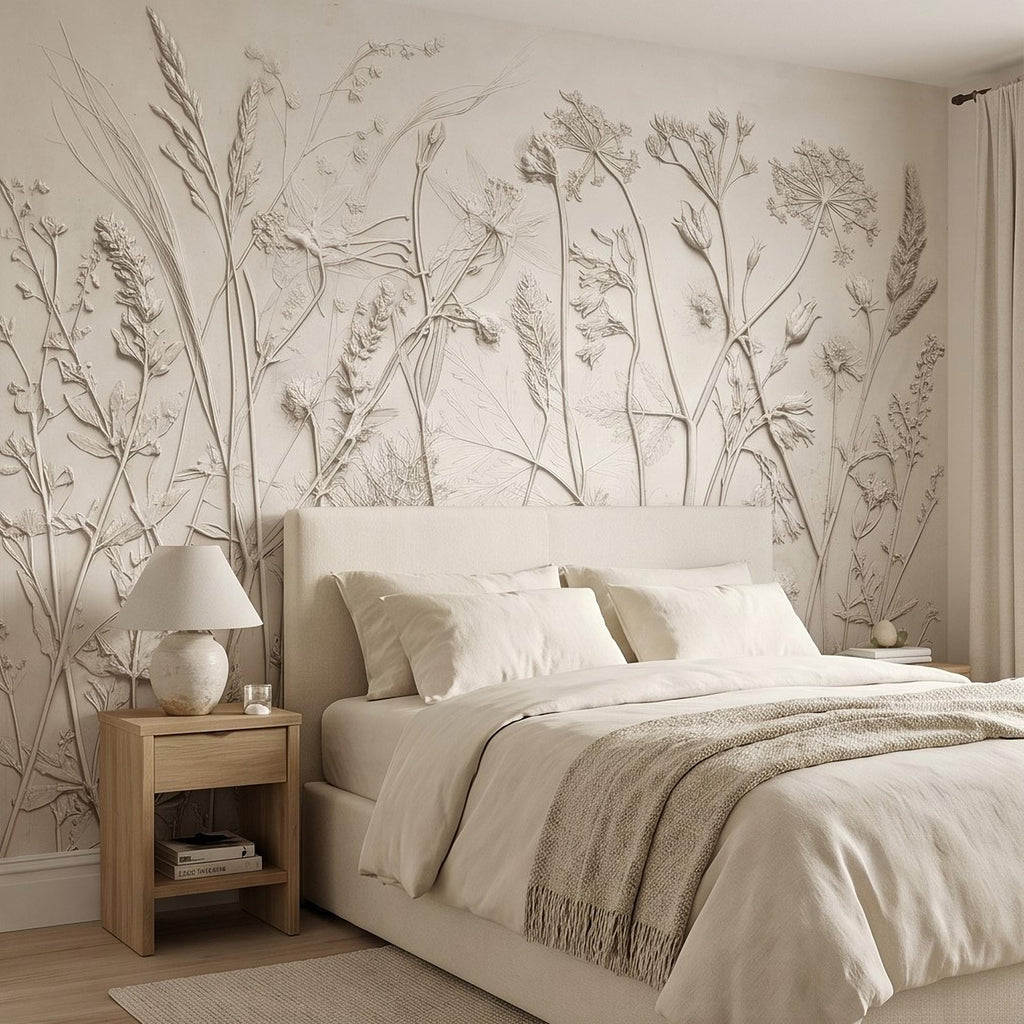 Neutral Botanical Peel and Stick Wall Mural, Textured Plaster Wildflower Wallpaper, Embossed Beige Nature Wall Decor