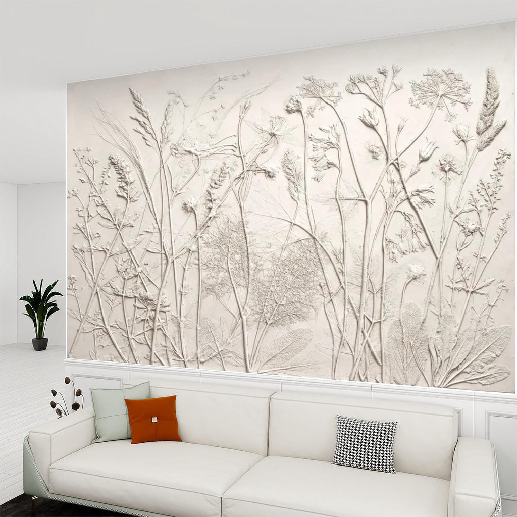 Neutral Botanical Peel and Stick Wall Mural, Textured Plaster Wildflower Wallpaper, Embossed Beige Nature Wall Decor