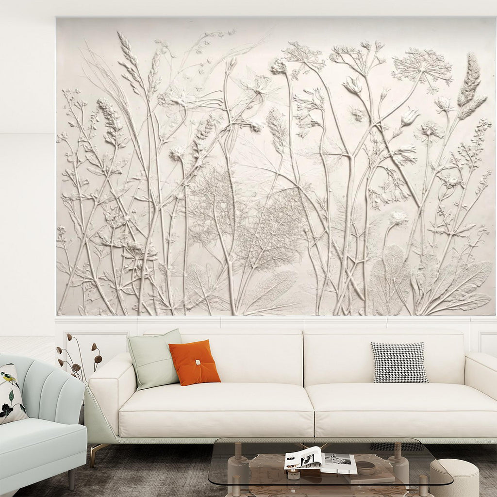 Neutral Botanical Peel and Stick Wall Mural, Textured Plaster Wildflower Wallpaper, Embossed Beige Nature Wall Decor