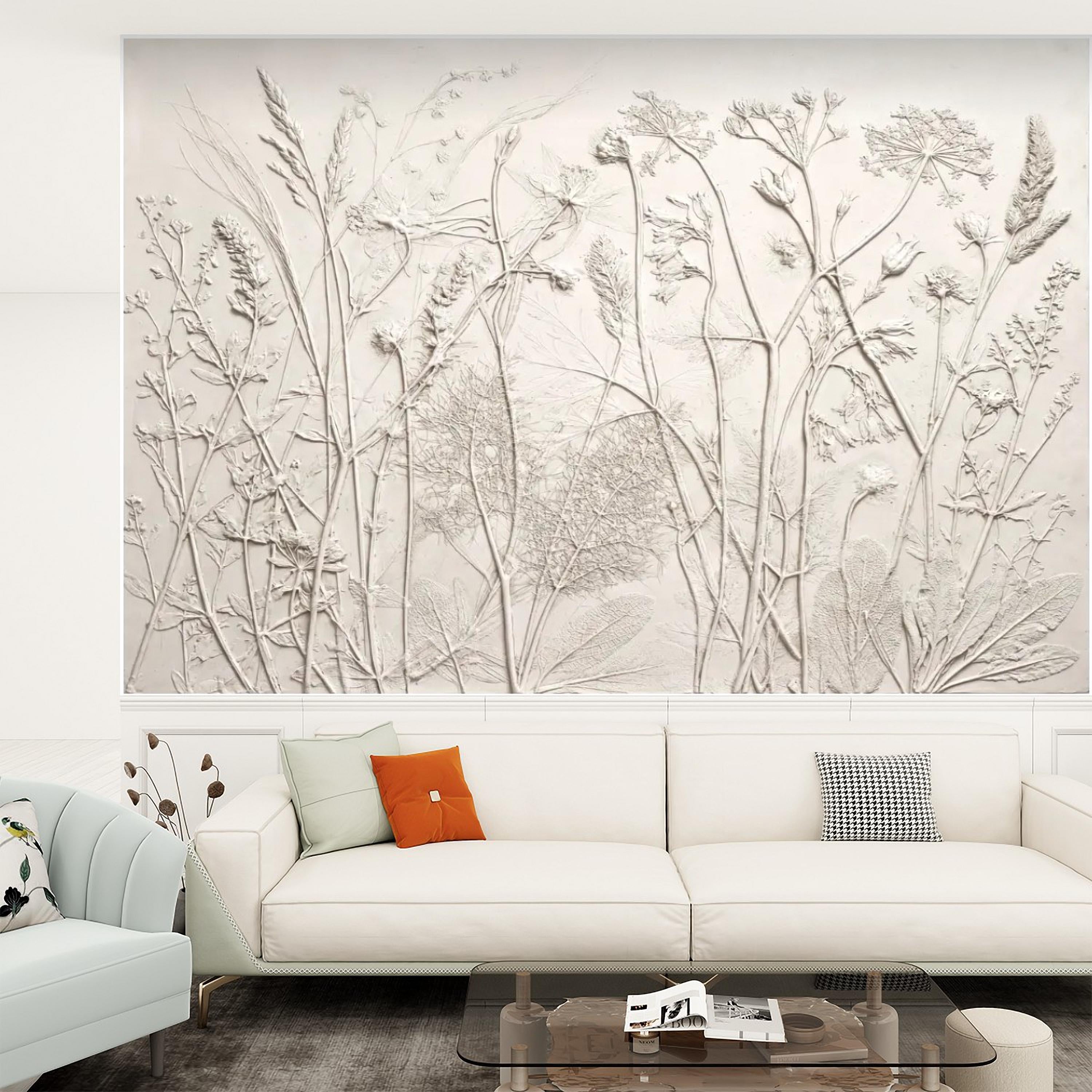 Neutral Botanical Peel and Stick Wall Mural, Textured Plaster Wildflower Wallpaper, Embossed Beige Nature Wall Decor