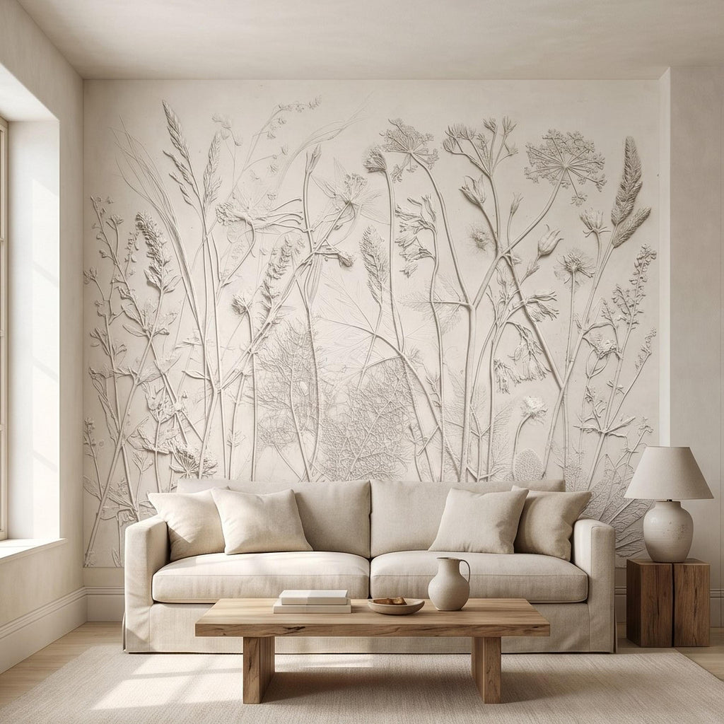 Neutral Botanical Peel and Stick Wall Mural, Textured Plaster Wildflower Wallpaper, Embossed Beige Nature Wall Decor