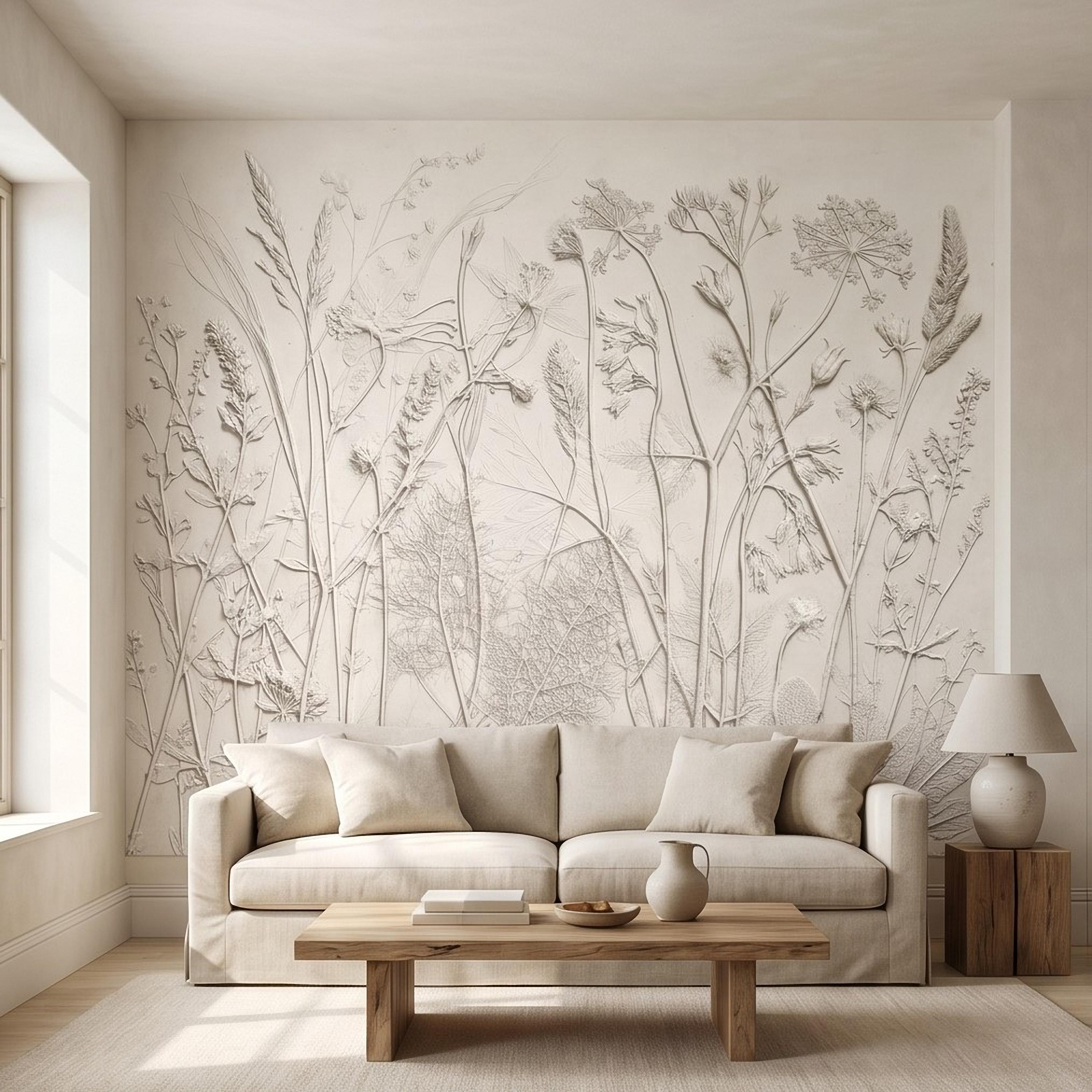 Neutral Botanical Peel and Stick Wall Mural, Textured Plaster Wildflower Wallpaper, Embossed Beige Nature Wall Decor