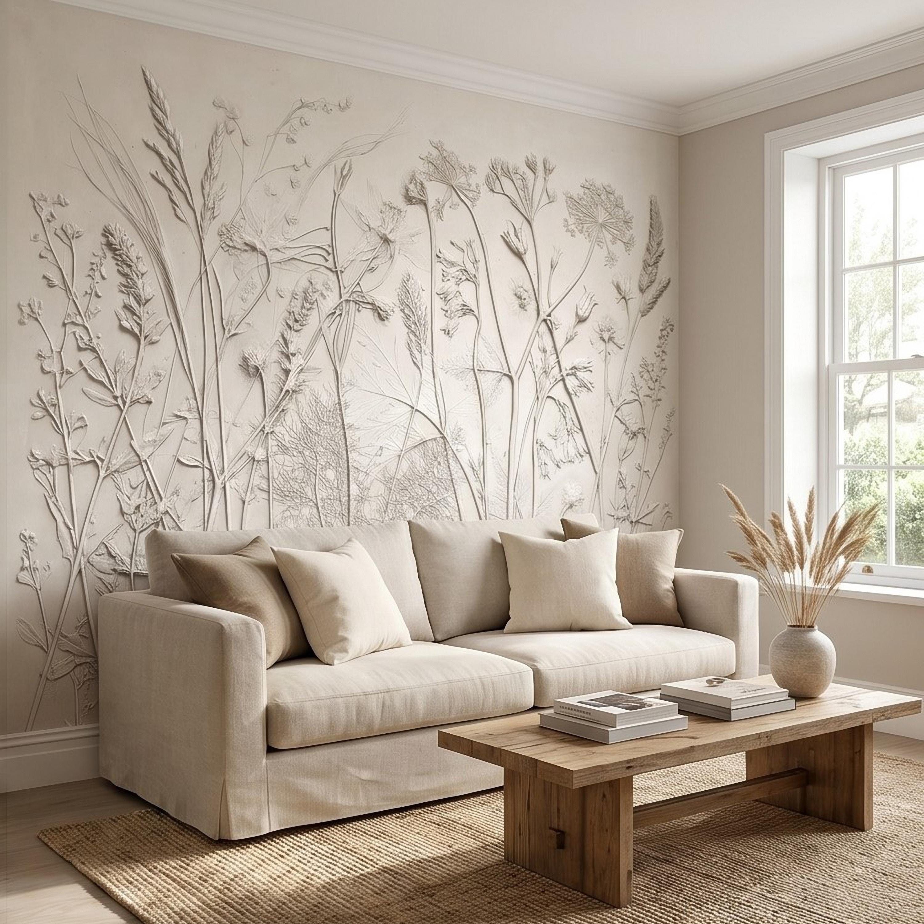 Neutral Botanical Peel and Stick Wall Mural, Textured Plaster Wildflower Wallpaper, Embossed Beige Nature Wall Decor