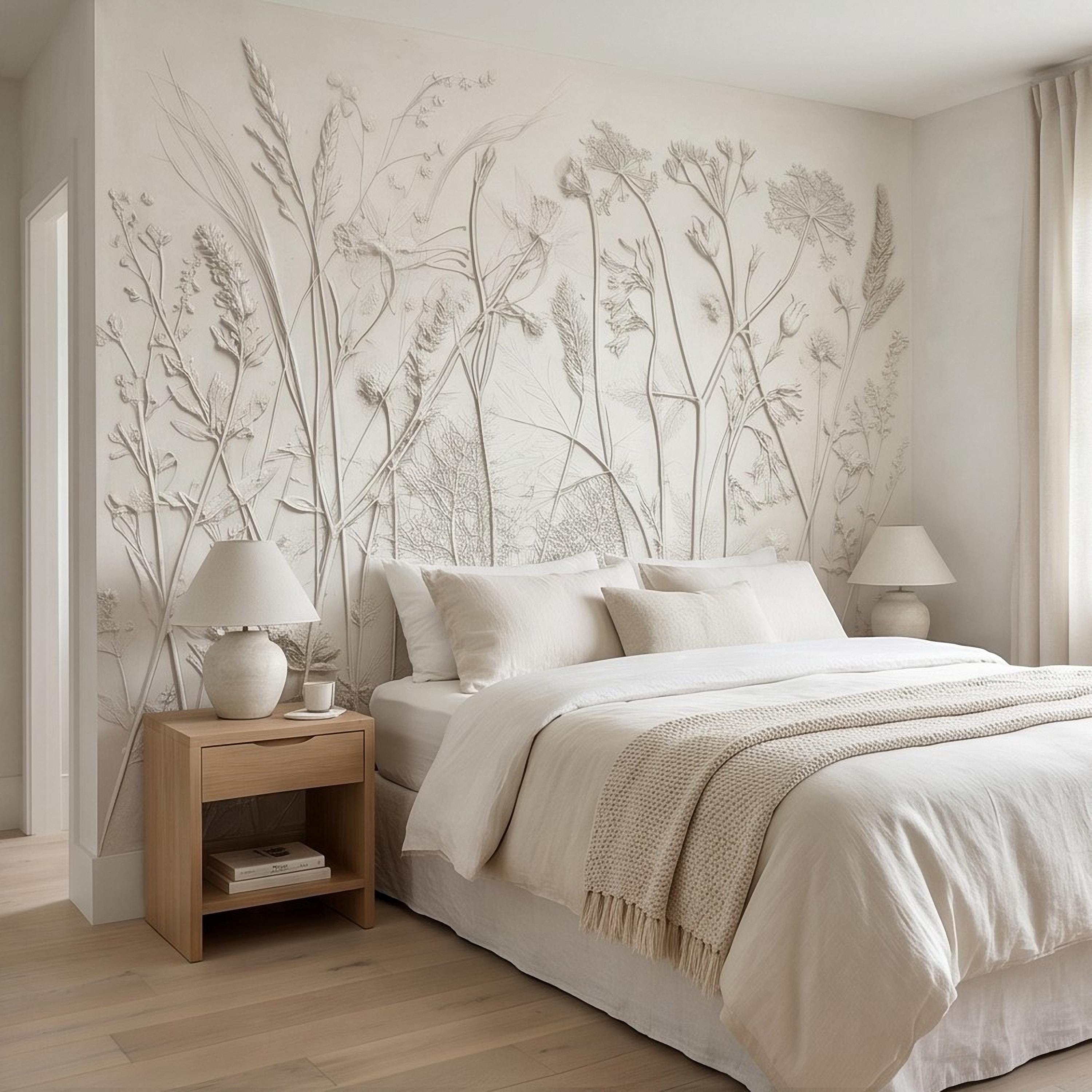 Neutral Botanical Peel and Stick Wall Mural, Textured Plaster Wildflower Wallpaper, Embossed Beige Nature Wall Decor