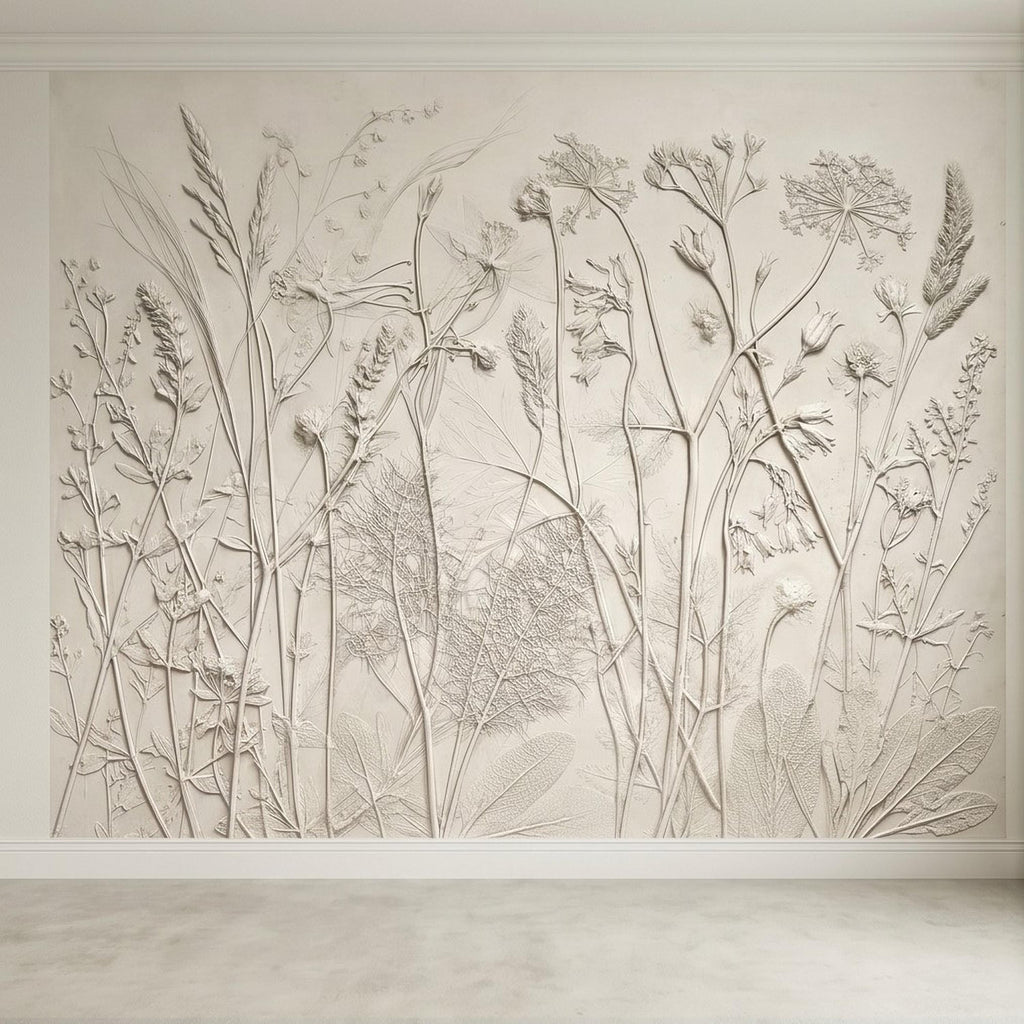 Neutral Botanical Peel and Stick Wall Mural, Textured Plaster Wildflower Wallpaper, Embossed Beige Nature Wall Decor