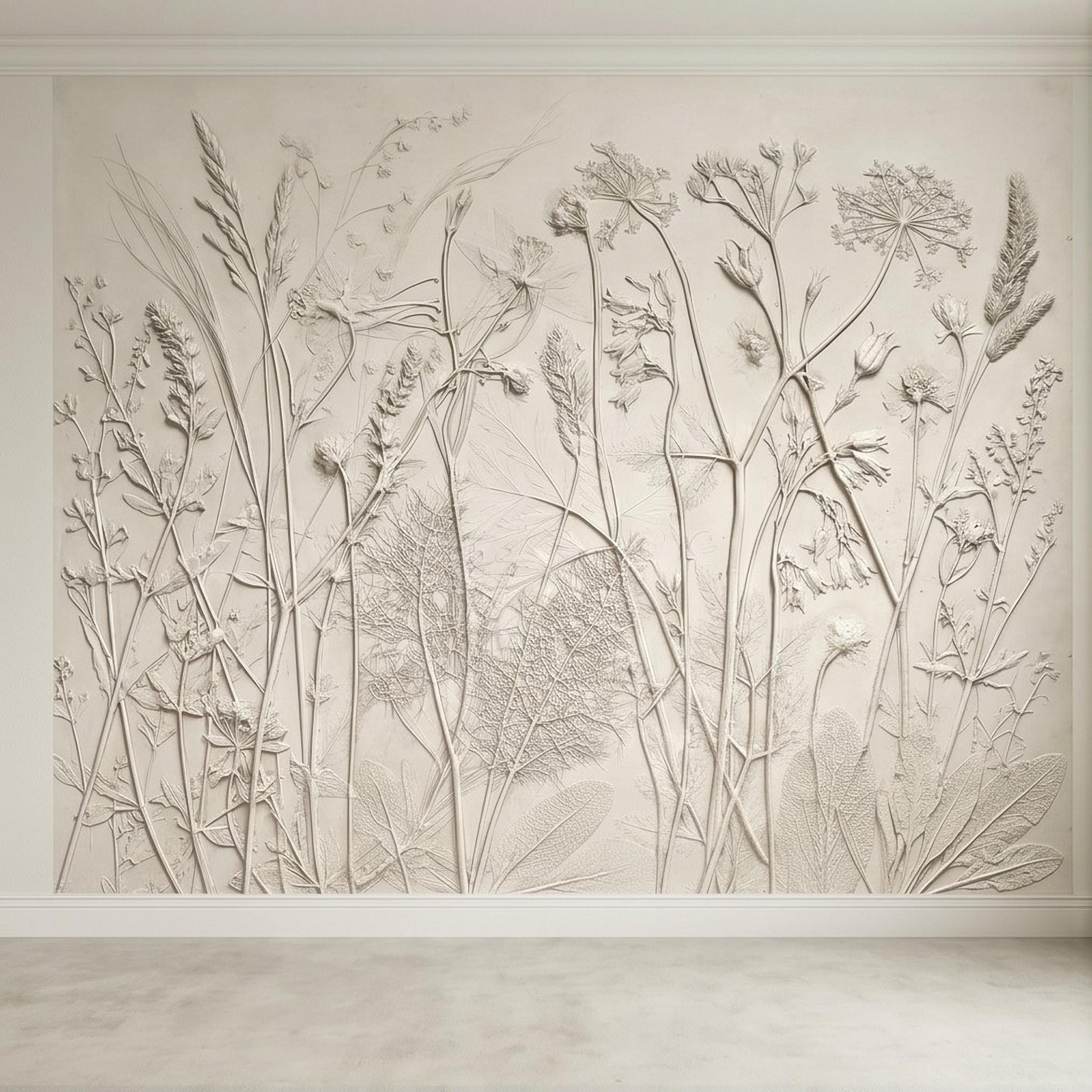 Neutral Botanical Peel and Stick Wall Mural, Textured Plaster Wildflower Wallpaper, Embossed Beige Nature Wall Decor