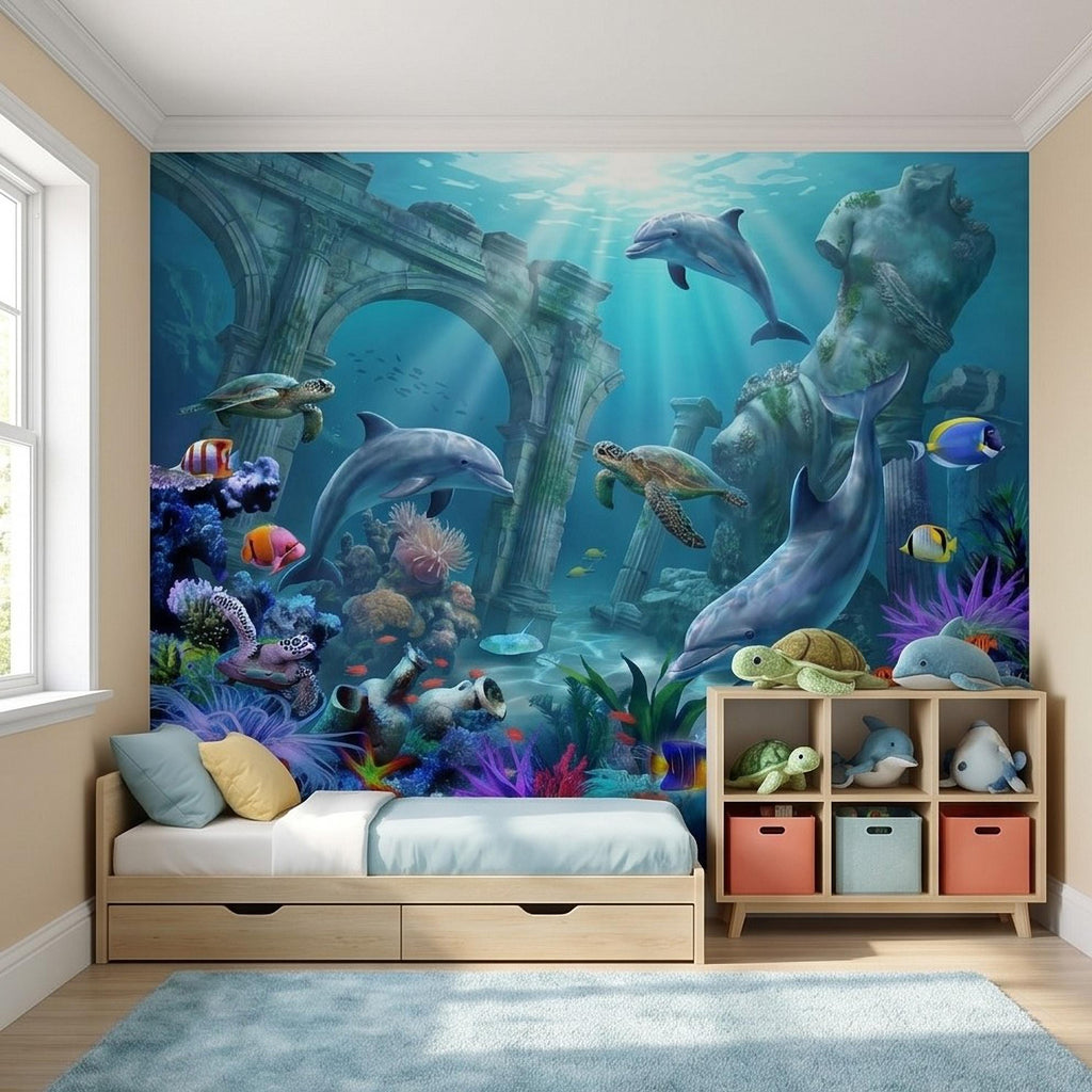 Underwater Dolphin Peel and Stick Wall Mural, Ocean Sea Life with Turtles and Coral Reef, Kids Room Nursery Wallpaper
