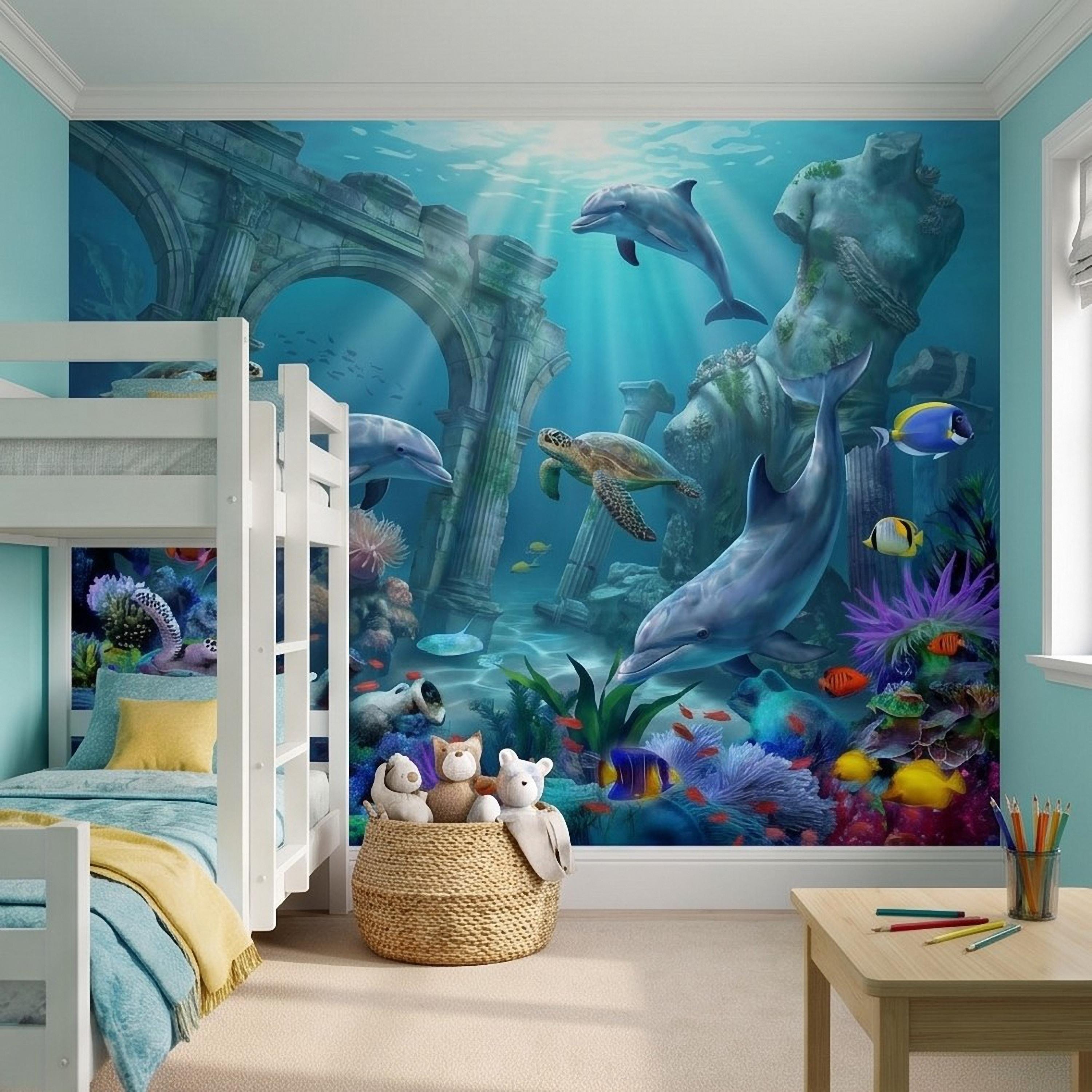 Underwater Dolphin Peel and Stick Wall Mural, Ocean Sea Life with Turtles and Coral Reef, Kids Room Nursery Wallpaper