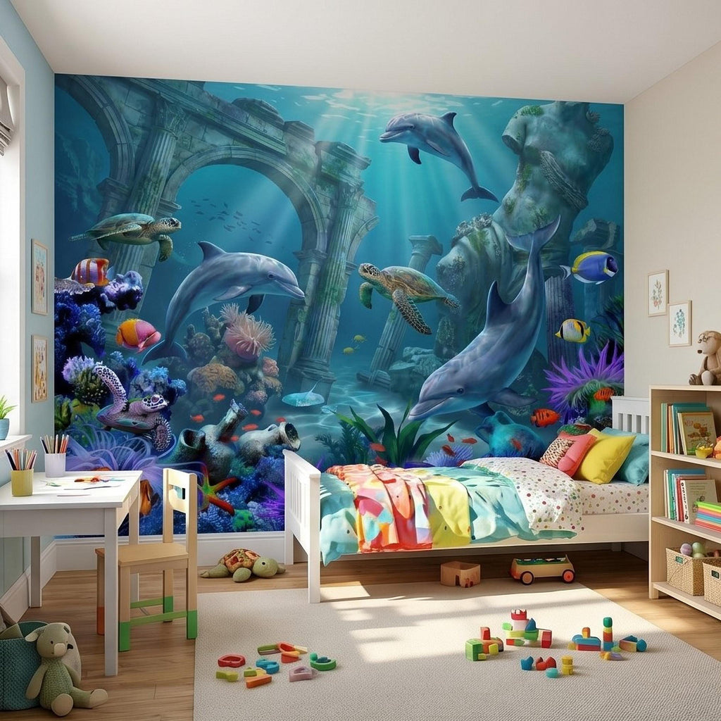 Underwater Dolphin Peel and Stick Wall Mural, Ocean Sea Life with Turtles and Coral Reef, Kids Room Nursery Wallpaper
