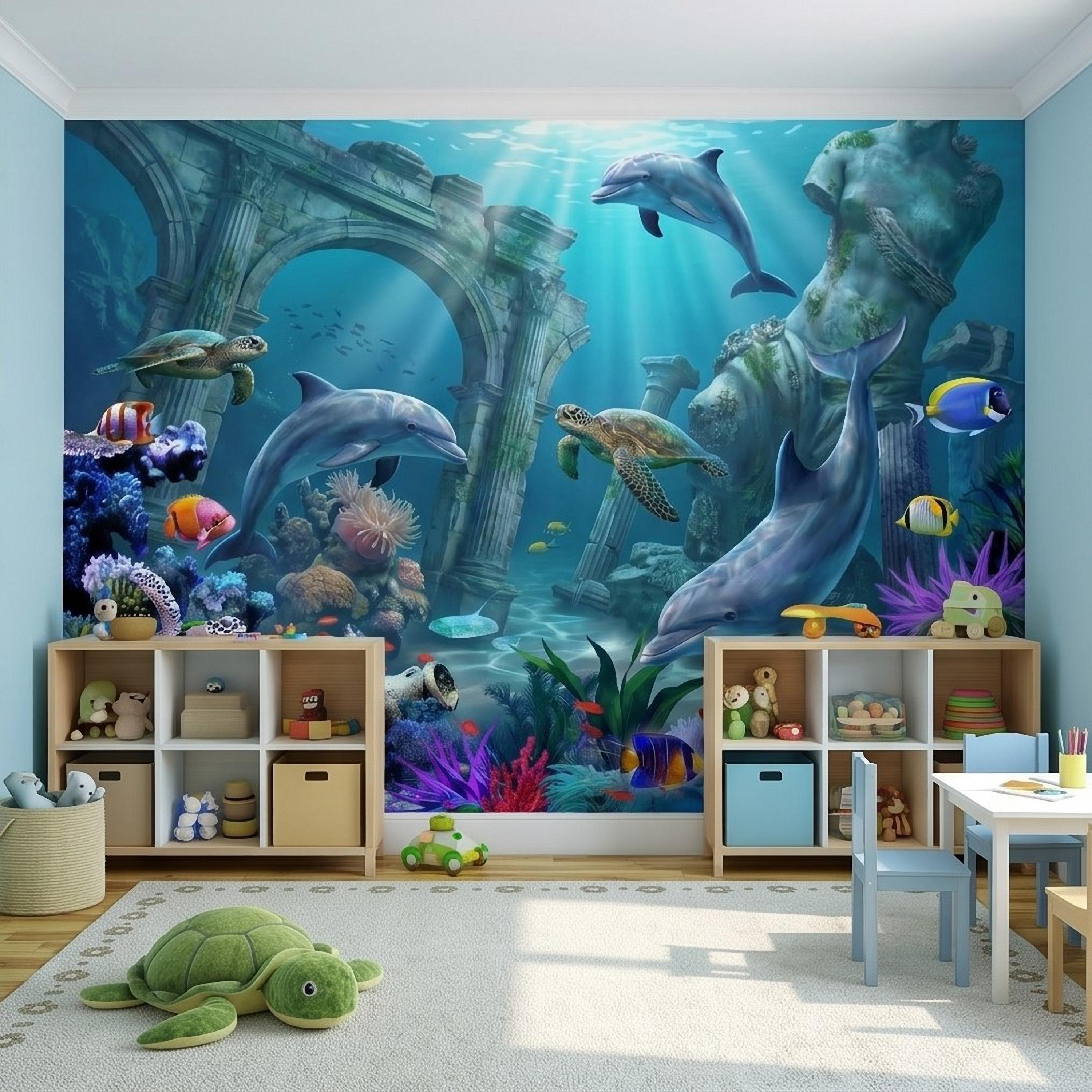 Underwater Dolphin Peel and Stick Wall Mural, Ocean Sea Life with Turtles and Coral Reef, Kids Room Nursery Wallpaper