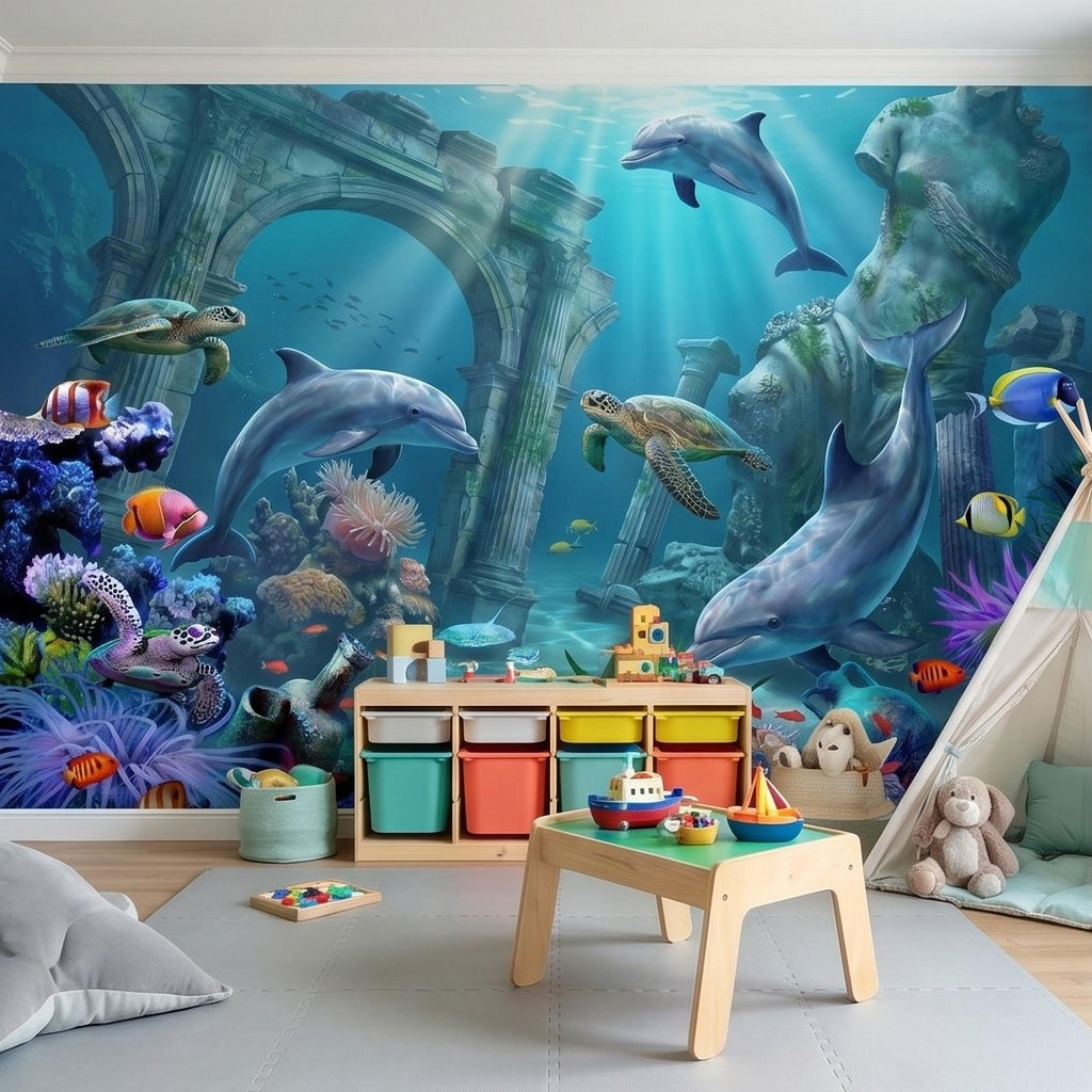 Underwater Dolphin Peel and Stick Wall Mural, Ocean Sea Life with Turtles and Coral Reef, Kids Room Nursery Wallpaper