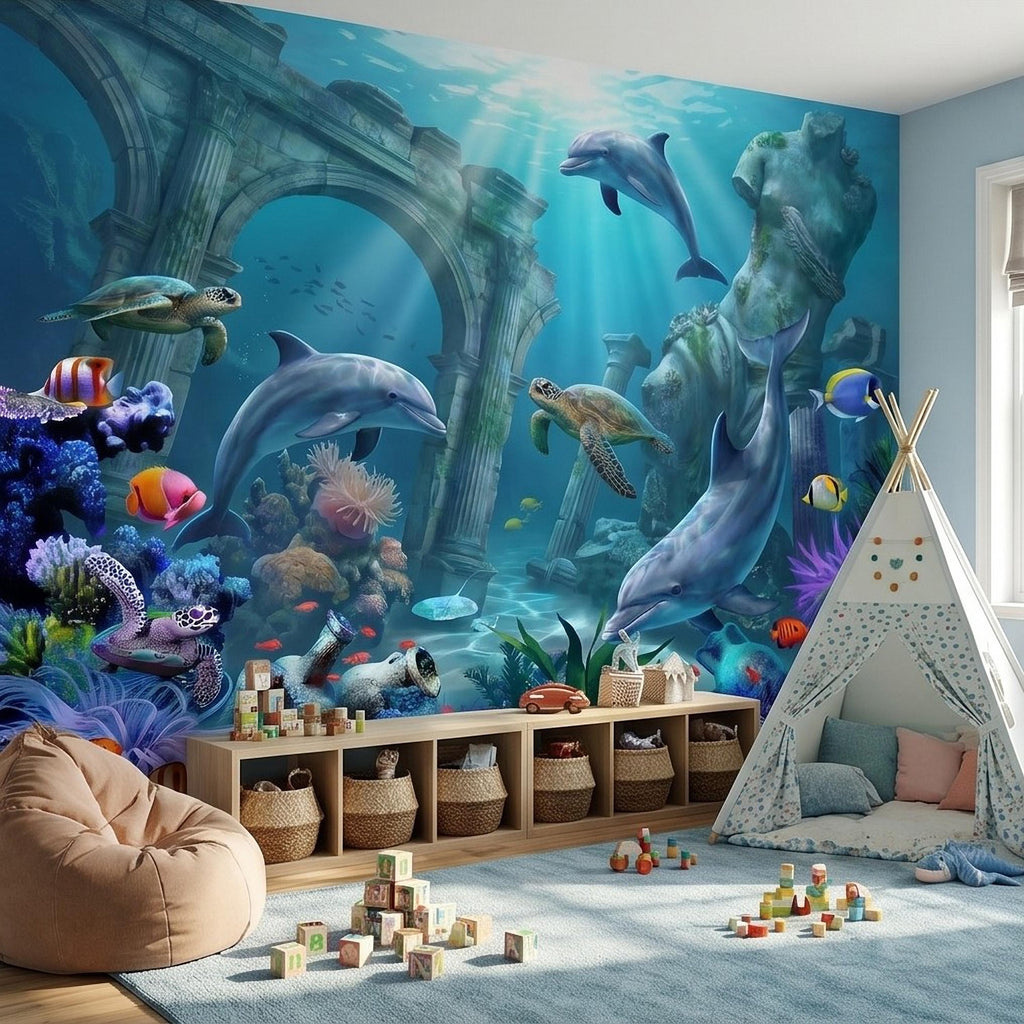 Underwater Dolphin Peel and Stick Wall Mural, Ocean Sea Life with Turtles and Coral Reef, Kids Room Nursery Wallpaper