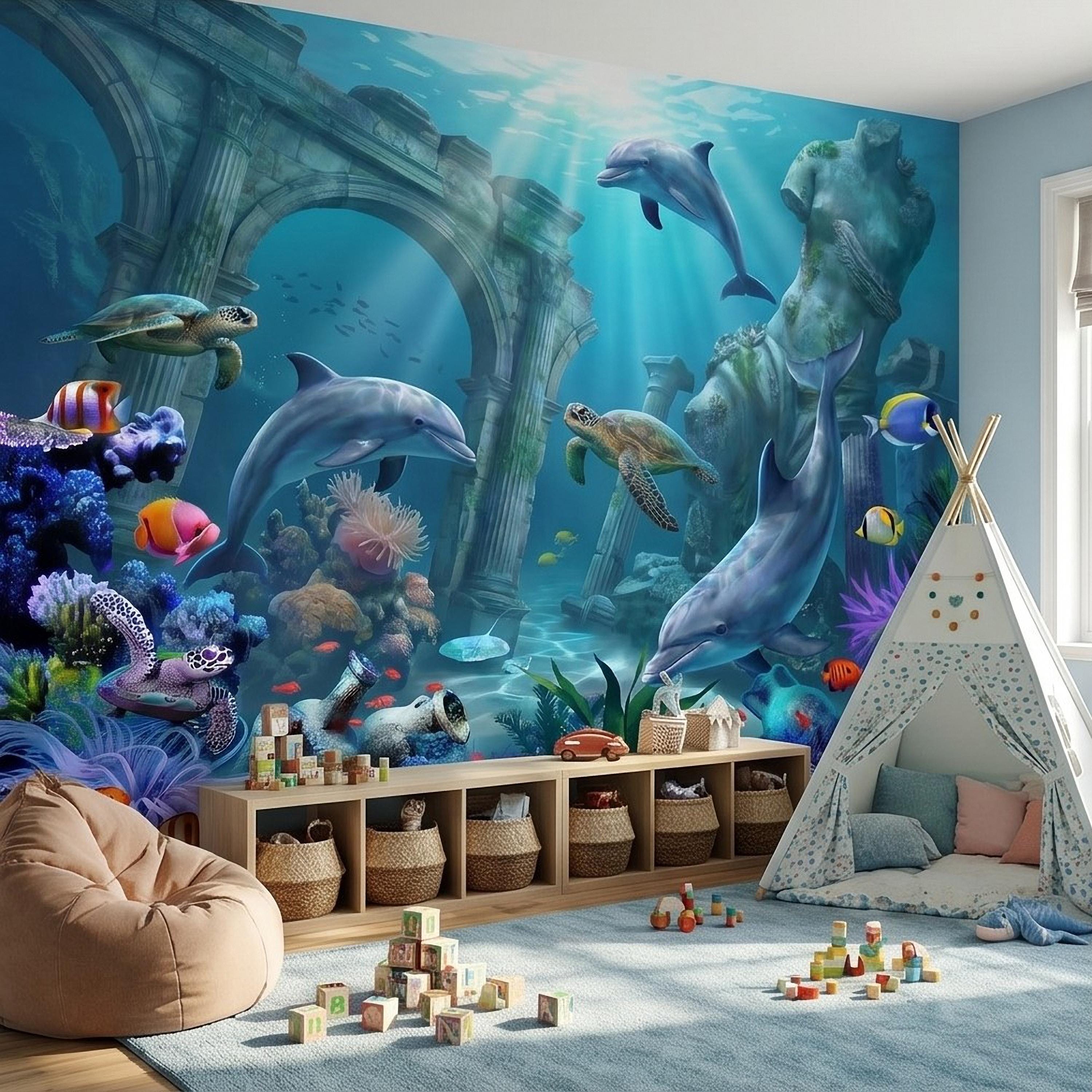 Underwater Dolphin Peel and Stick Wall Mural, Ocean Sea Life with Turtles and Coral Reef, Kids Room Nursery Wallpaper