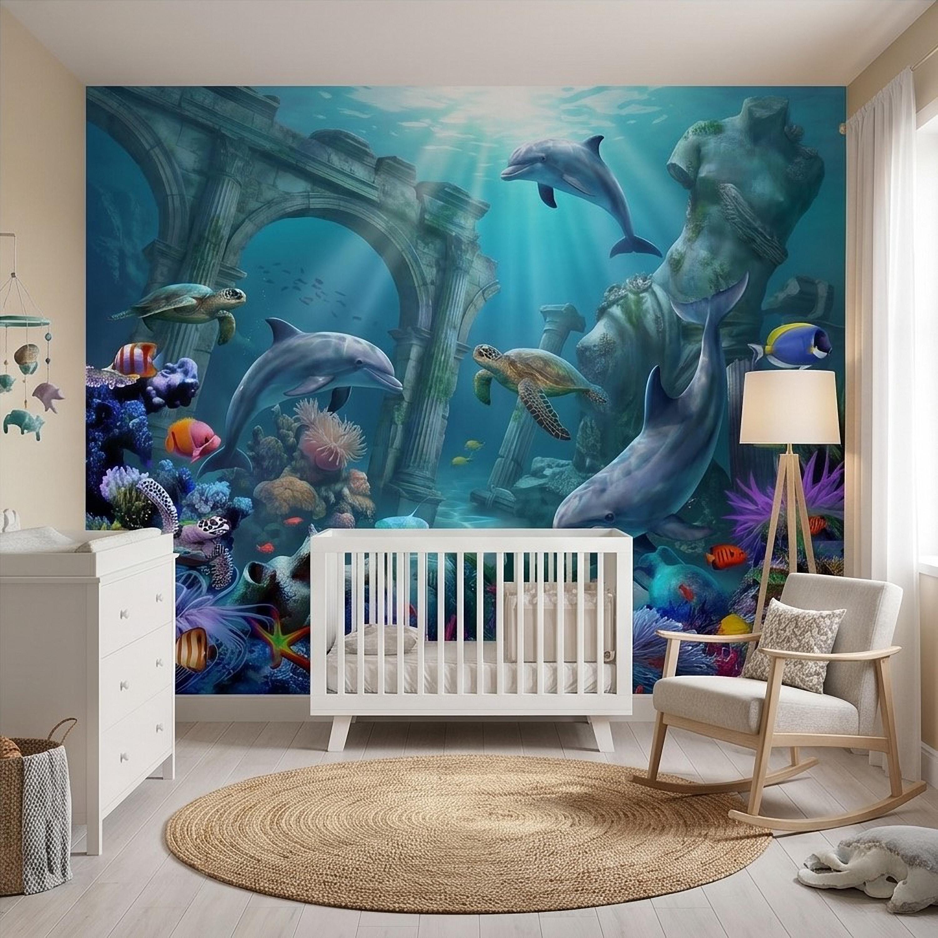 Underwater Dolphin Peel and Stick Wall Mural, Ocean Sea Life with Turtles and Coral Reef, Kids Room Nursery Wallpaper