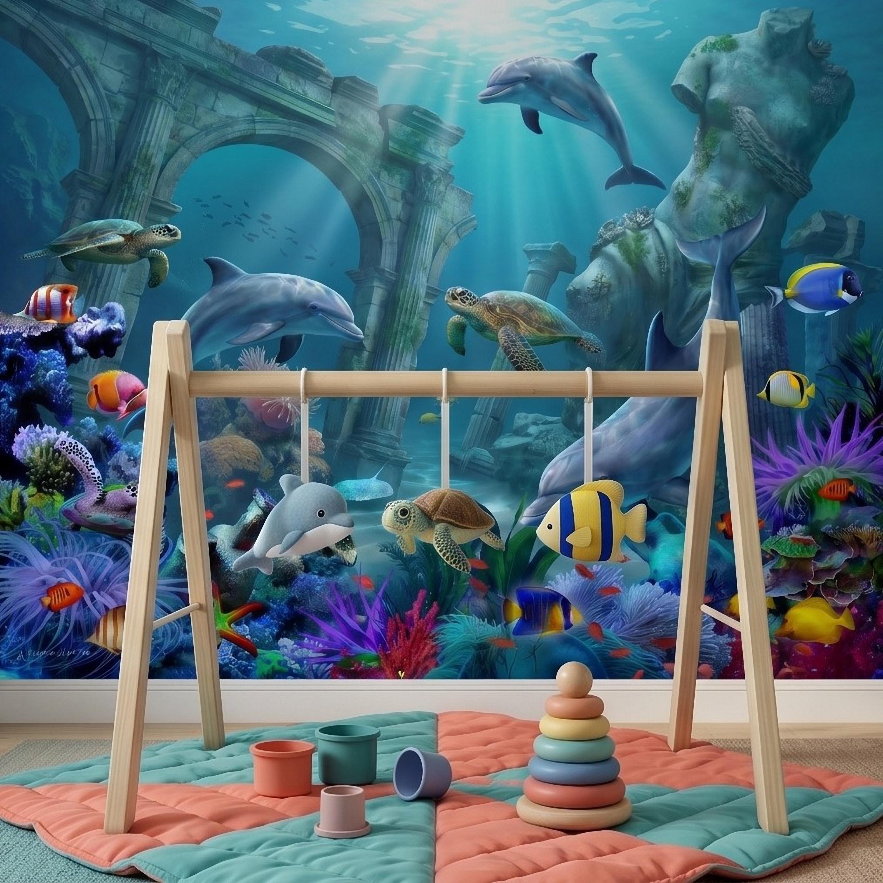 Underwater Dolphin Peel and Stick Wall Mural, Ocean Sea Life with Turtles and Coral Reef, Kids Room Nursery Wallpaper