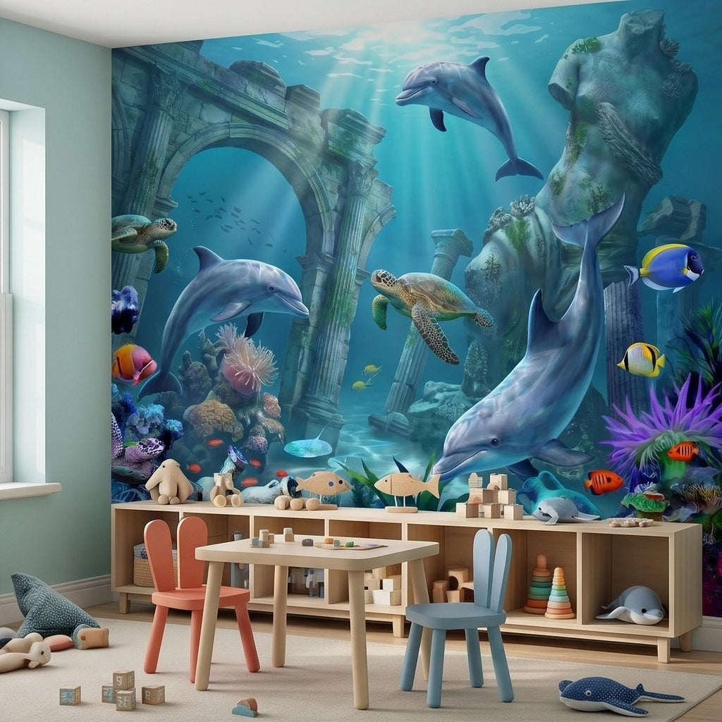 Underwater Dolphin Peel and Stick Wall Mural, Ocean Sea Life with Turtles and Coral Reef, Kids Room Nursery Wallpaper