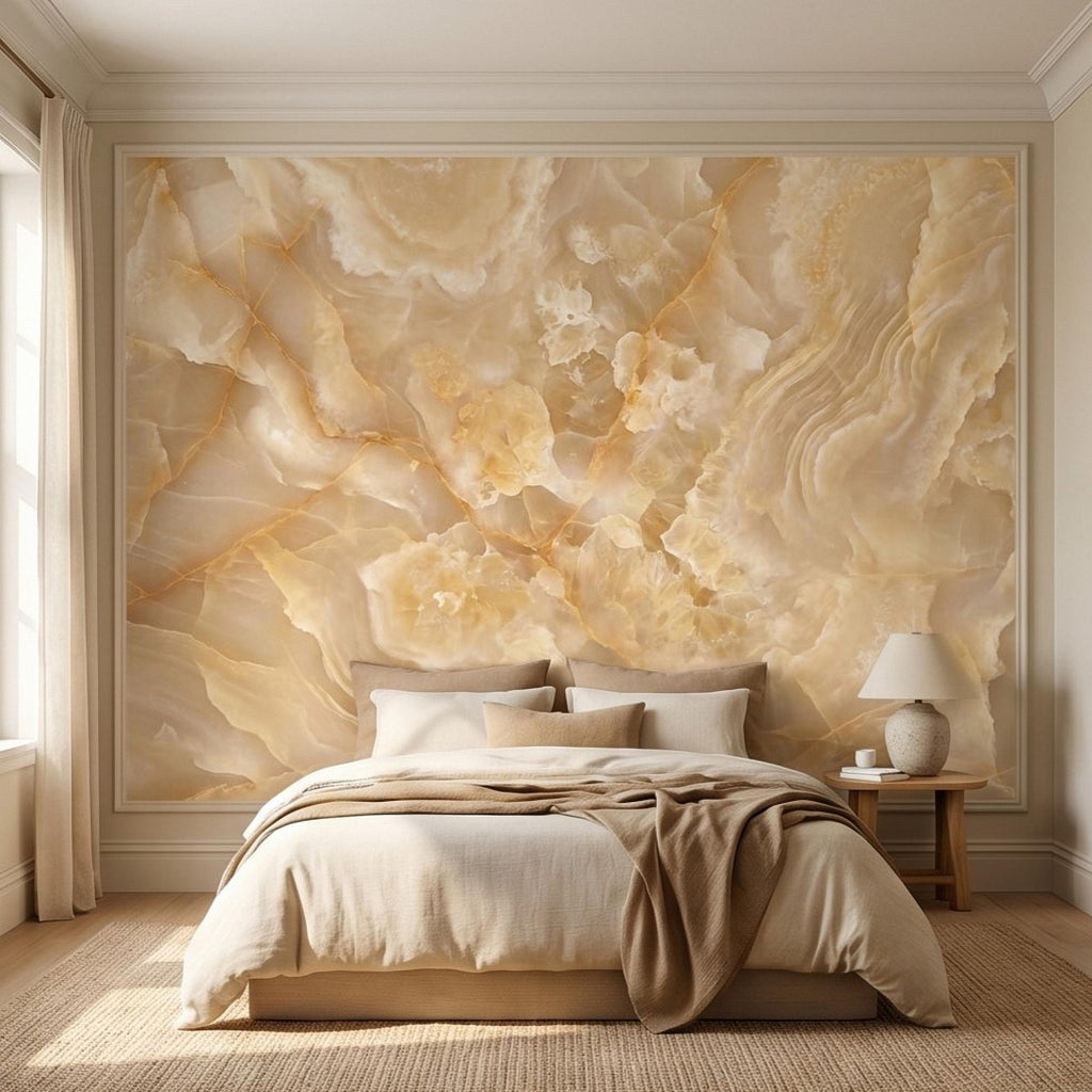 Honey Onyx Marble Peel and Stick Wall Mural, Luxury Amber Vein Natural Stone Texture, Neutral Modern Stone Wallpaper