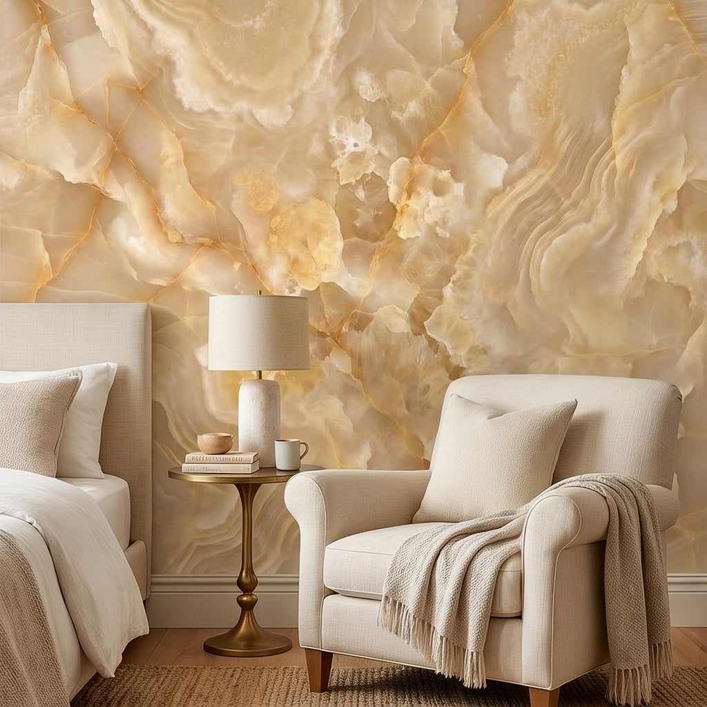 Honey Onyx Marble Peel and Stick Wall Mural, Luxury Amber Vein Natural Stone Texture, Neutral Modern Stone Wallpaper