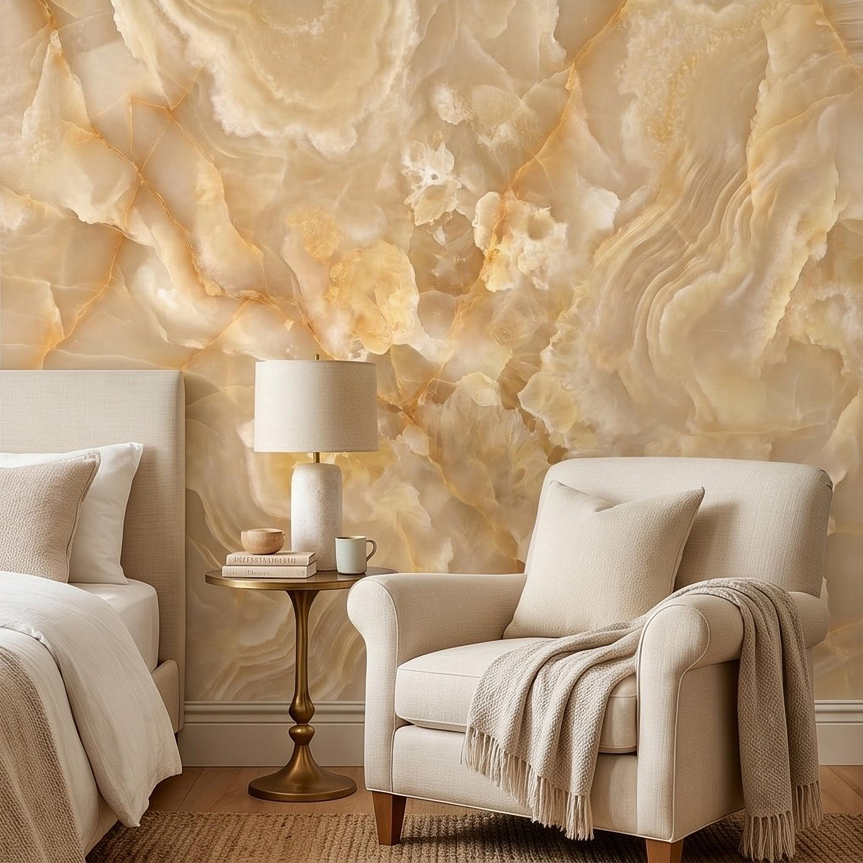 Honey Onyx Marble Peel and Stick Wall Mural, Luxury Amber Vein Natural Stone Texture, Neutral Modern Stone Wallpaper