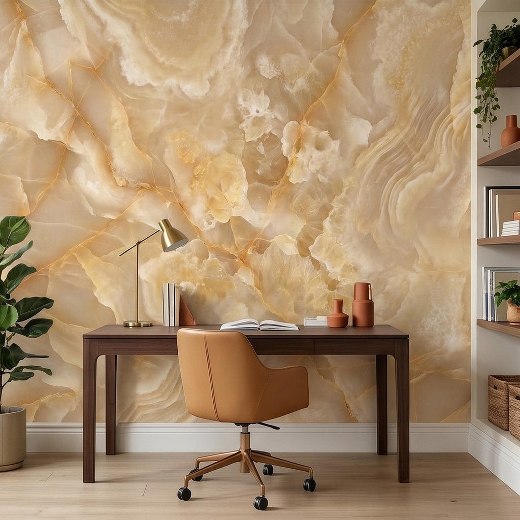 Honey Onyx Marble Peel and Stick Wall Mural, Luxury Amber Vein Natural Stone Texture, Neutral Modern Stone Wallpaper
