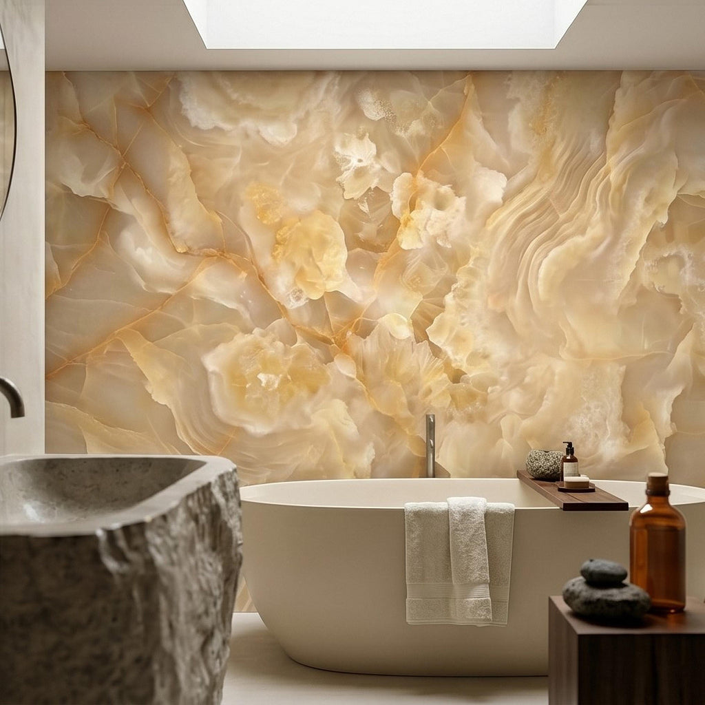 Honey Onyx Marble Peel and Stick Wall Mural, Luxury Amber Vein Natural Stone Texture, Neutral Modern Stone Wallpaper