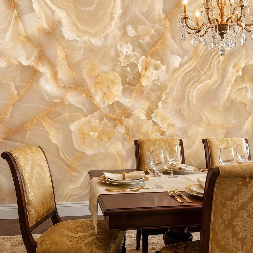 Honey Onyx Marble Peel and Stick Wall Mural, Luxury Amber Vein Natural Stone Texture, Neutral Modern Stone Wallpaper