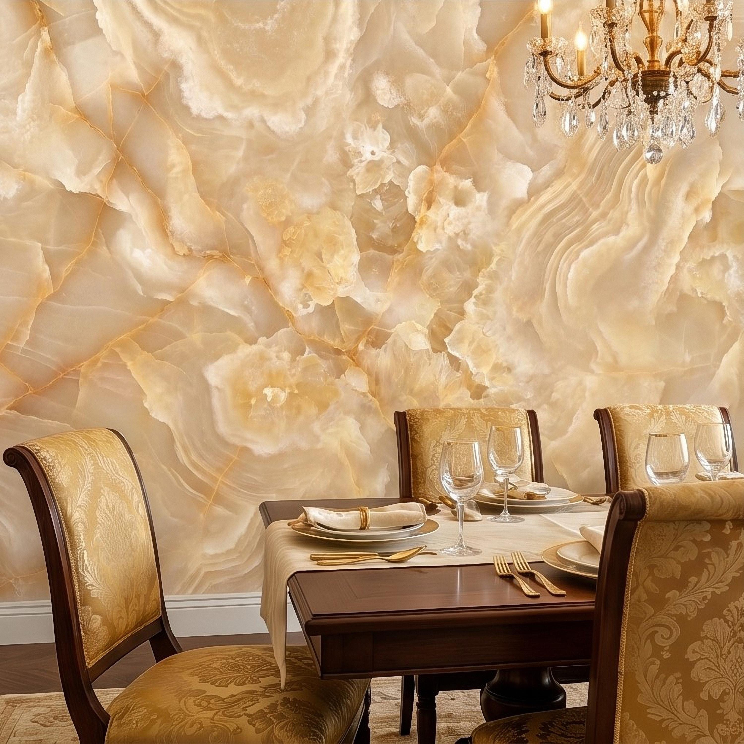 Honey Onyx Marble Peel and Stick Wall Mural, Luxury Amber Vein Natural Stone Texture, Neutral Modern Stone Wallpaper