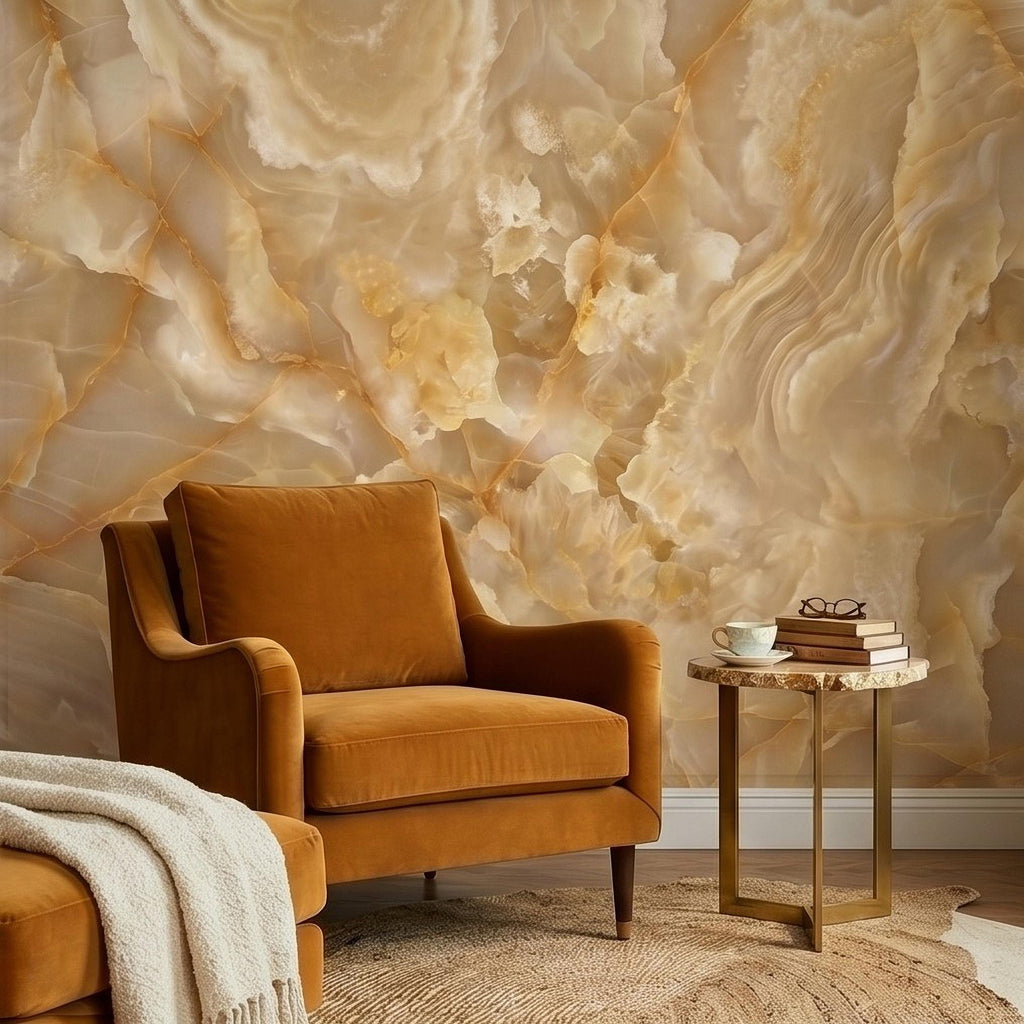 Honey Onyx Marble Peel and Stick Wall Mural, Luxury Amber Vein Natural Stone Texture, Neutral Modern Stone Wallpaper