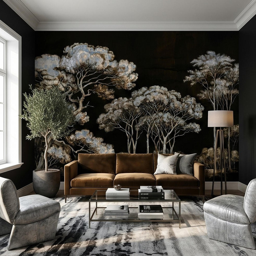 Chinoiserie Tree Peel and Stick Wall Mural, Moody Black Forest Landscape, Hand Painted Style Wallpaper