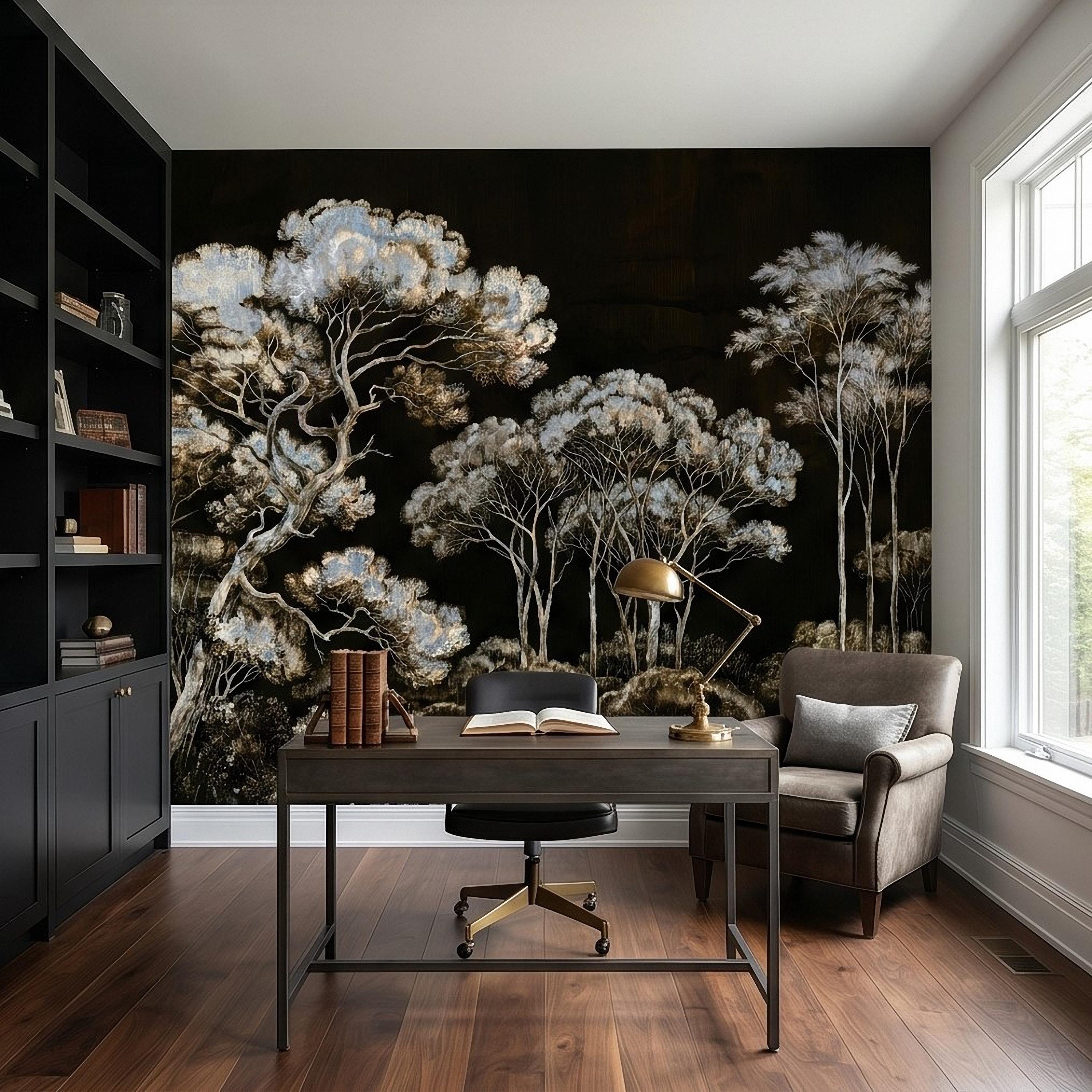 Chinoiserie Tree Peel and Stick Wall Mural, Moody Black Forest Landscape, Hand Painted Style Wallpaper