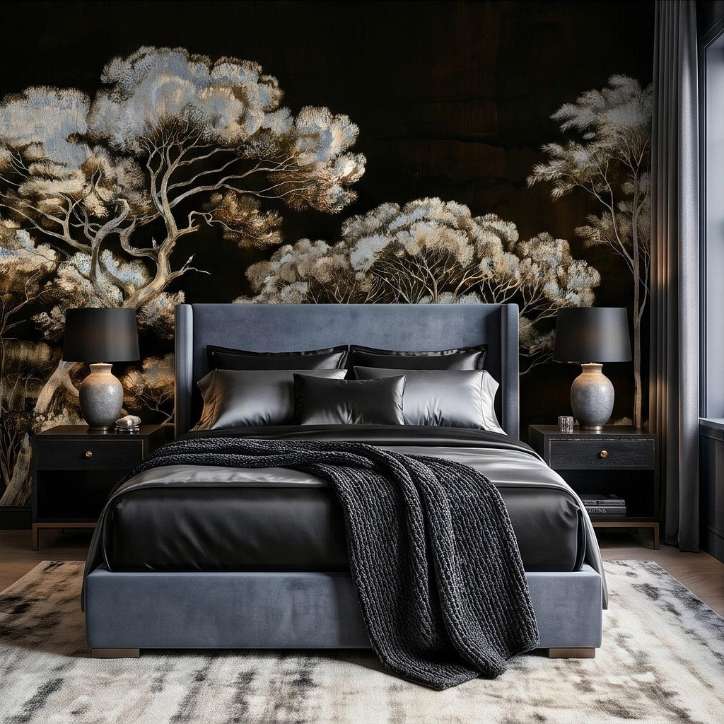 Chinoiserie Tree Peel and Stick Wall Mural, Moody Black Forest Landscape, Hand Painted Style Wallpaper