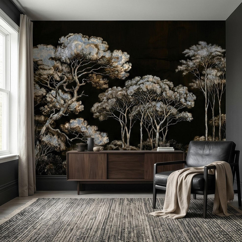 Chinoiserie Tree Peel and Stick Wall Mural, Moody Black Forest Landscape, Hand Painted Style Wallpaper