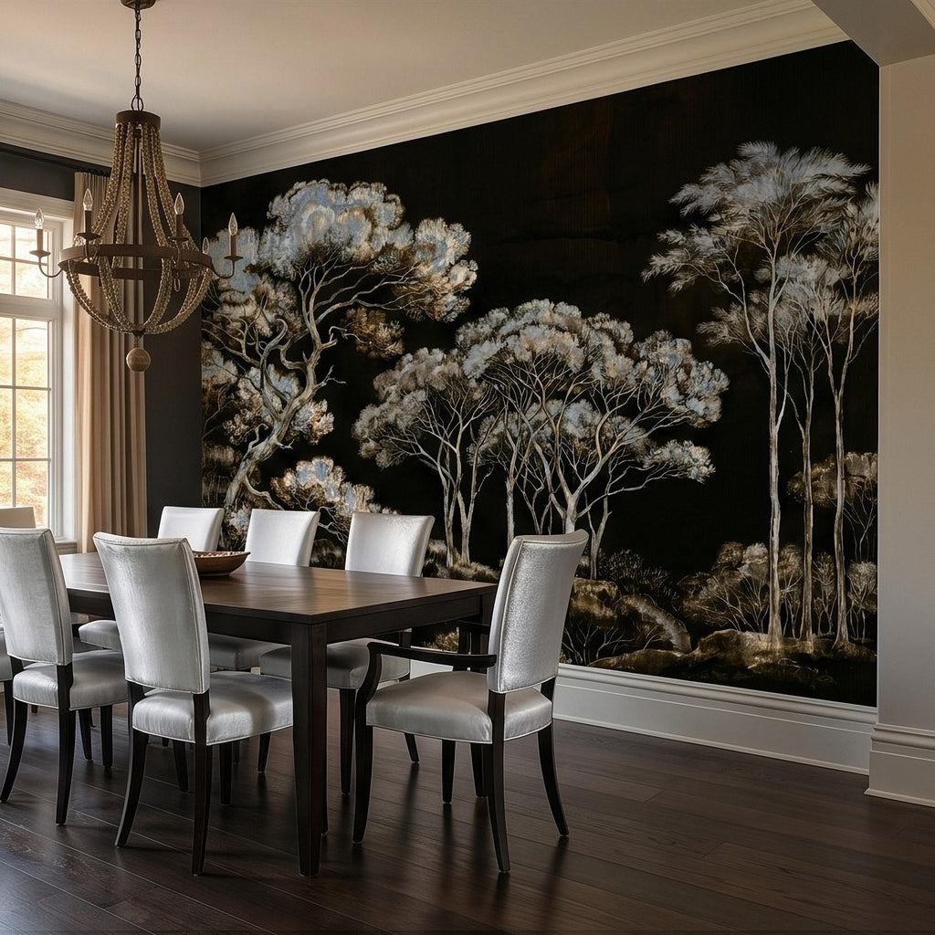 Chinoiserie Tree Peel and Stick Wall Mural, Moody Black Forest Landscape, Hand Painted Style Wallpaper