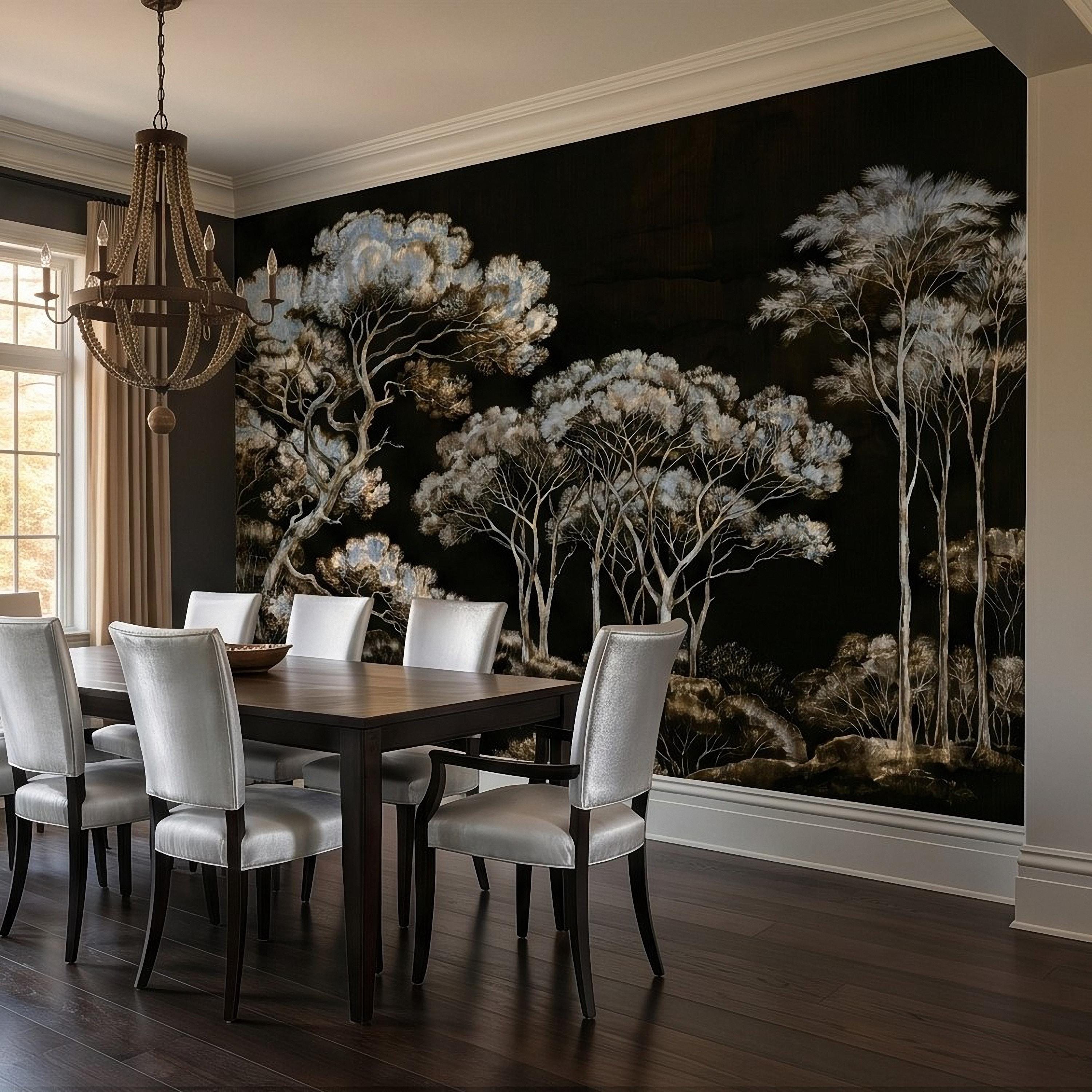 Chinoiserie Tree Peel and Stick Wall Mural, Moody Black Forest Landscape, Hand Painted Style Wallpaper