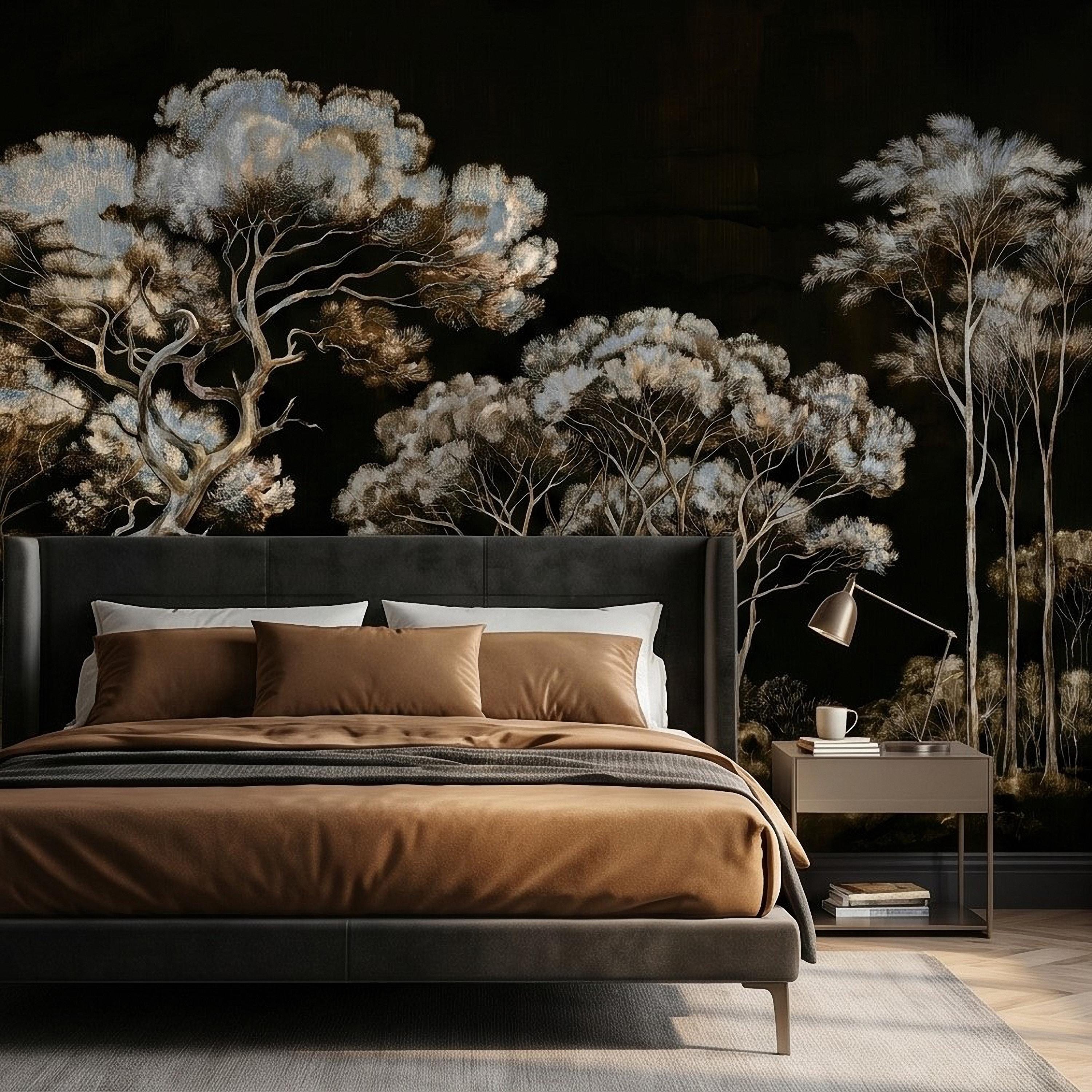 Chinoiserie Tree Peel and Stick Wall Mural, Moody Black Forest Landscape, Hand Painted Style Wallpaper