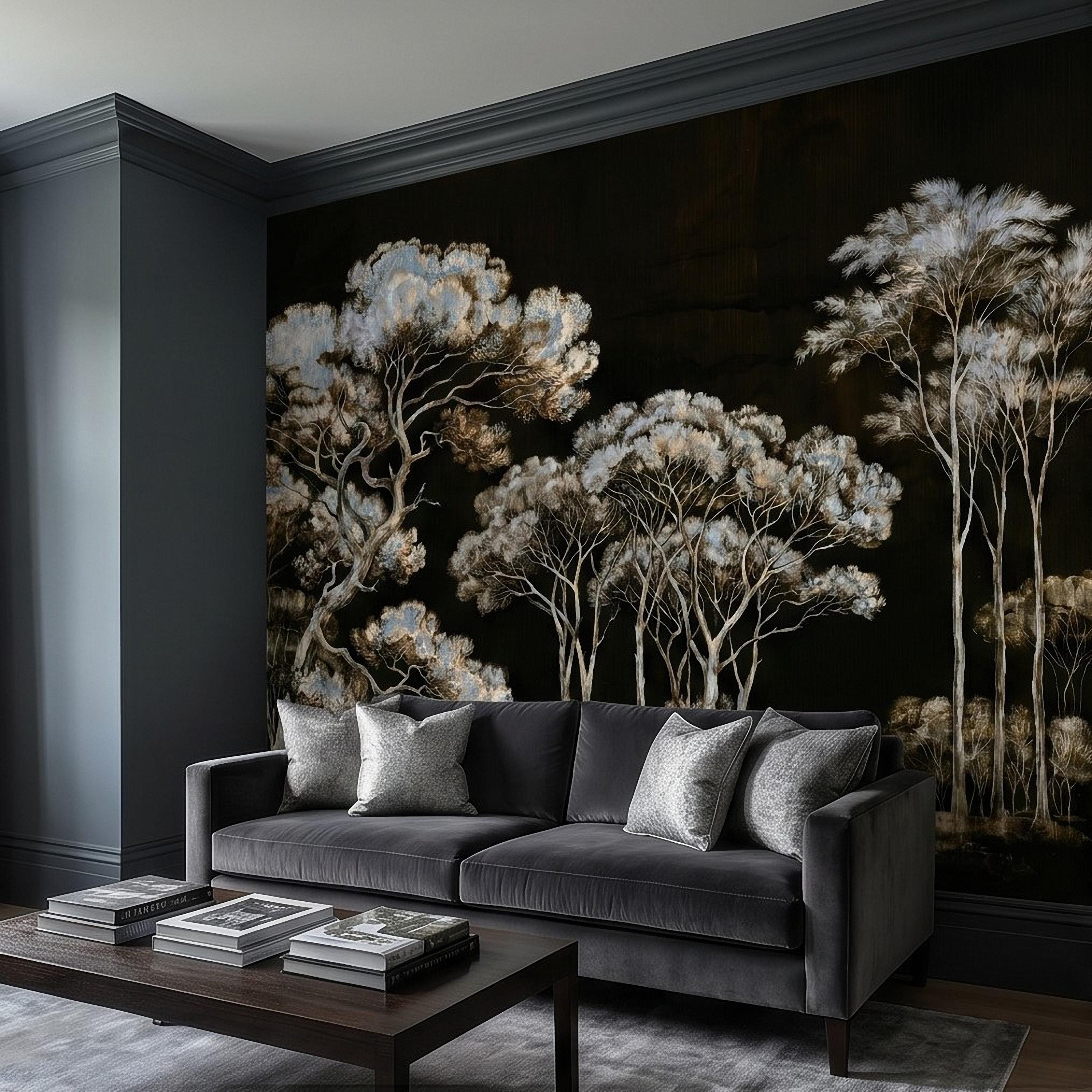 Chinoiserie Tree Peel and Stick Wall Mural, Moody Black Forest Landscape, Hand Painted Style Wallpaper