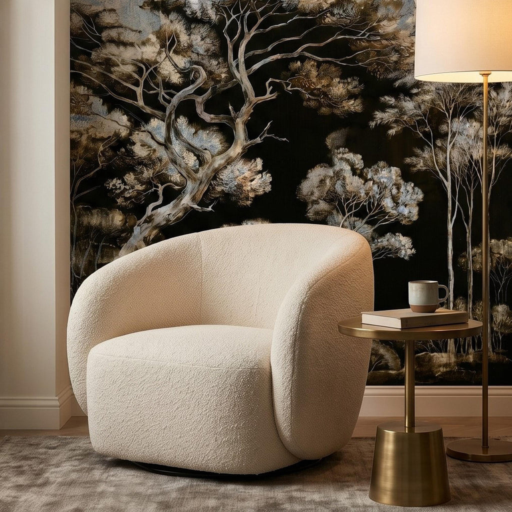 Chinoiserie Tree Peel and Stick Wall Mural, Moody Black Forest Landscape, Hand Painted Style Wallpaper