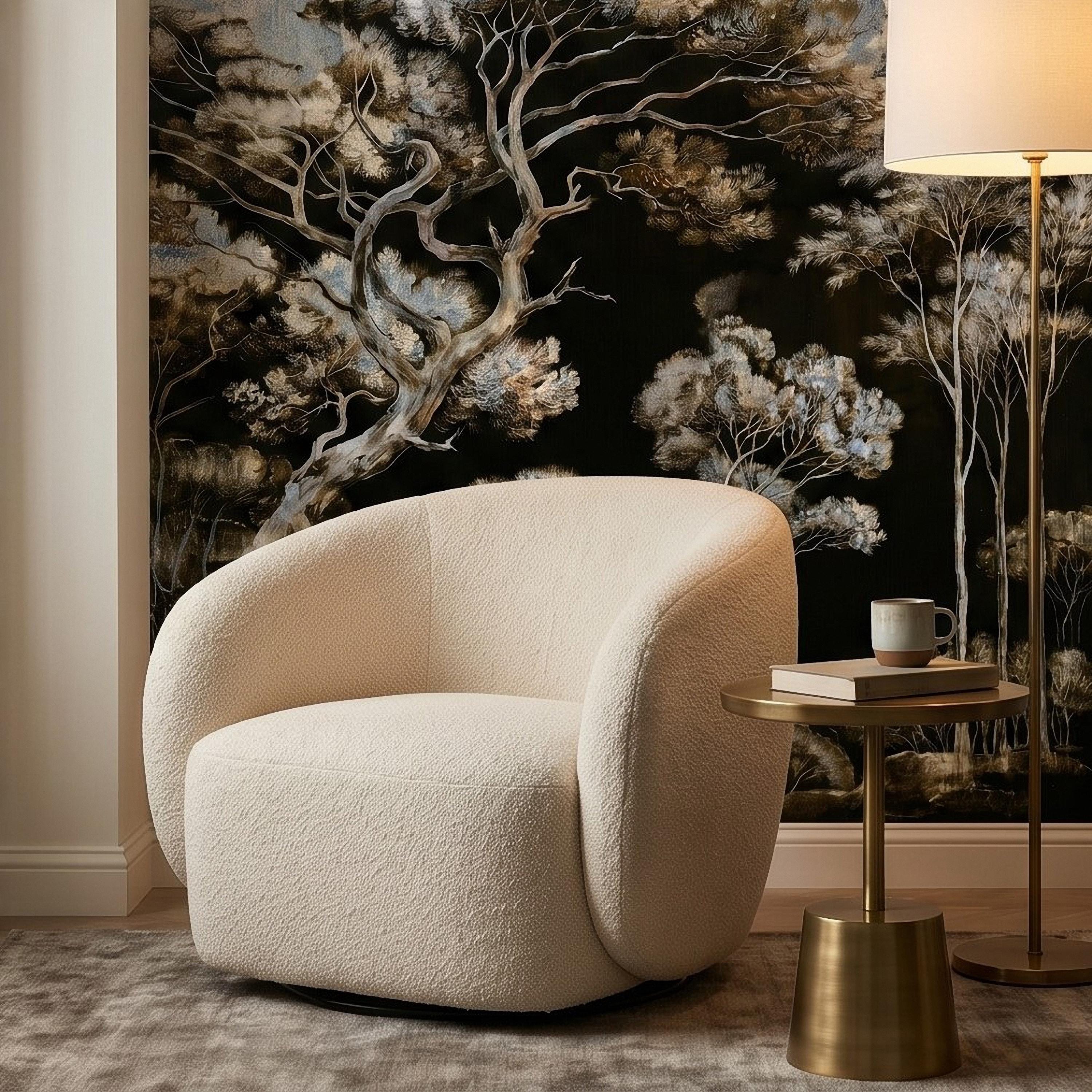 Chinoiserie Tree Peel and Stick Wall Mural, Moody Black Forest Landscape, Hand Painted Style Wallpaper
