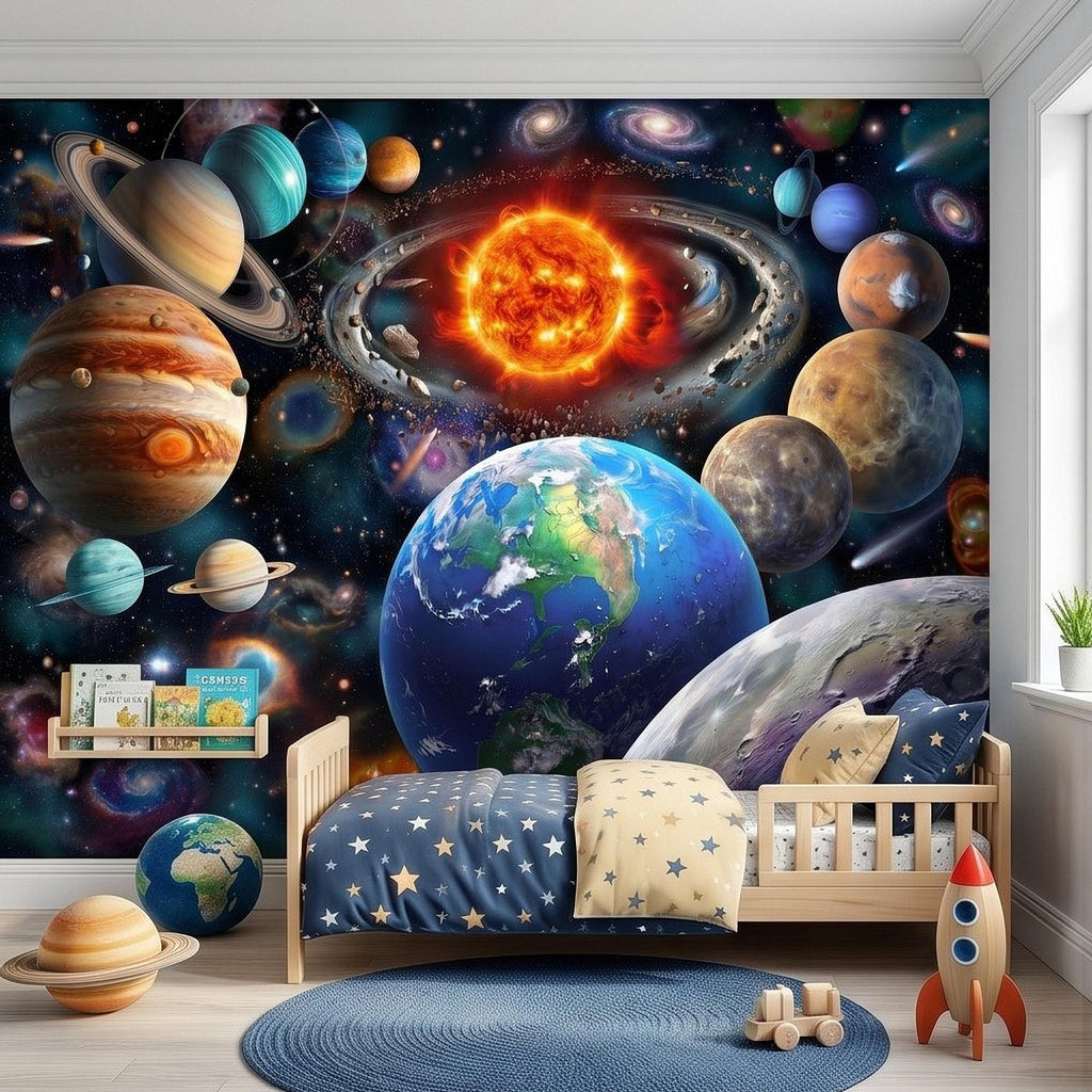 Solar System Peel and Stick Wall Mural, Outer Space Galaxy Planets and Sun, Kids Room Astronomy Decor Wallpaper