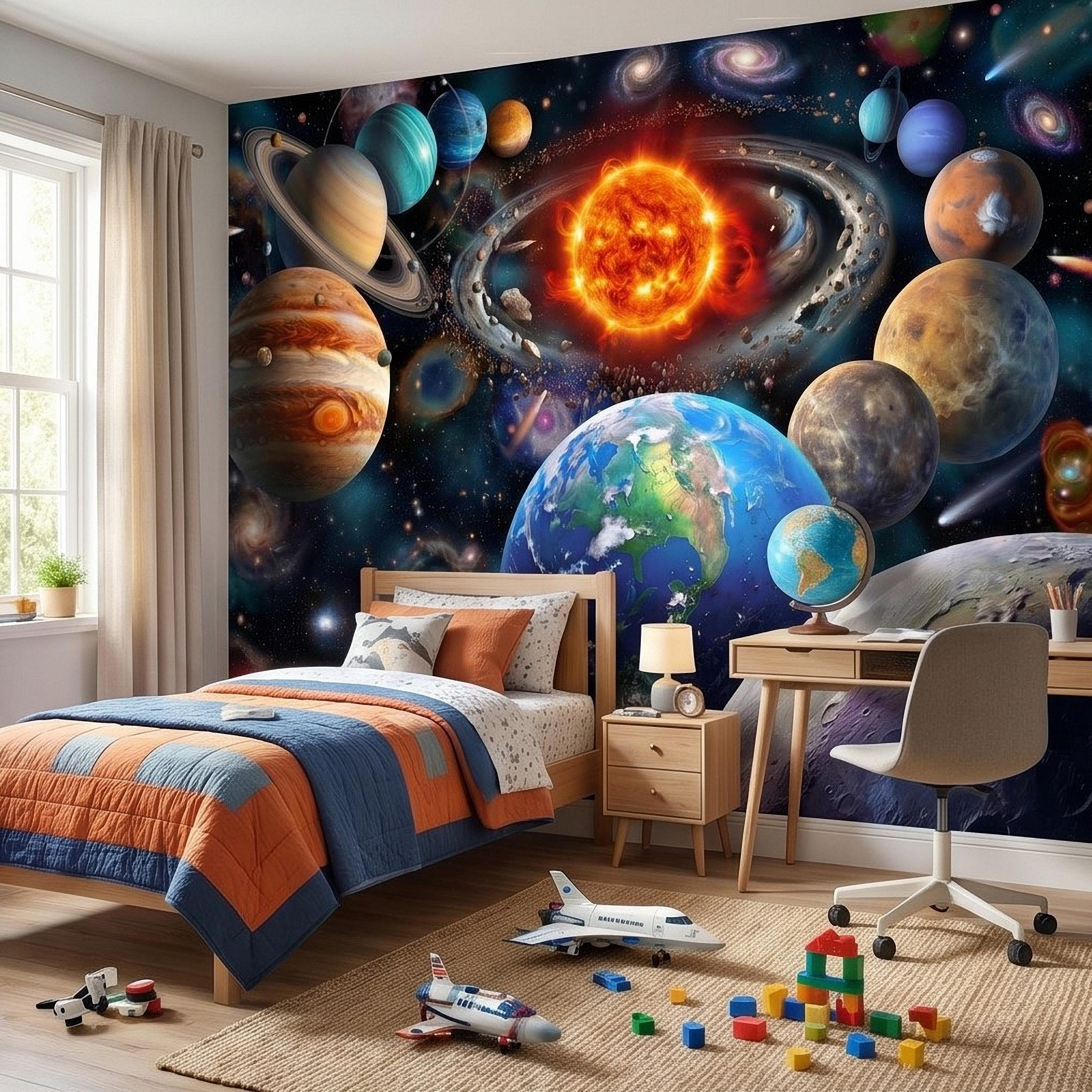 Solar System Peel and Stick Wall Mural, Outer Space Galaxy Planets and Sun, Kids Room Astronomy Decor Wallpaper
