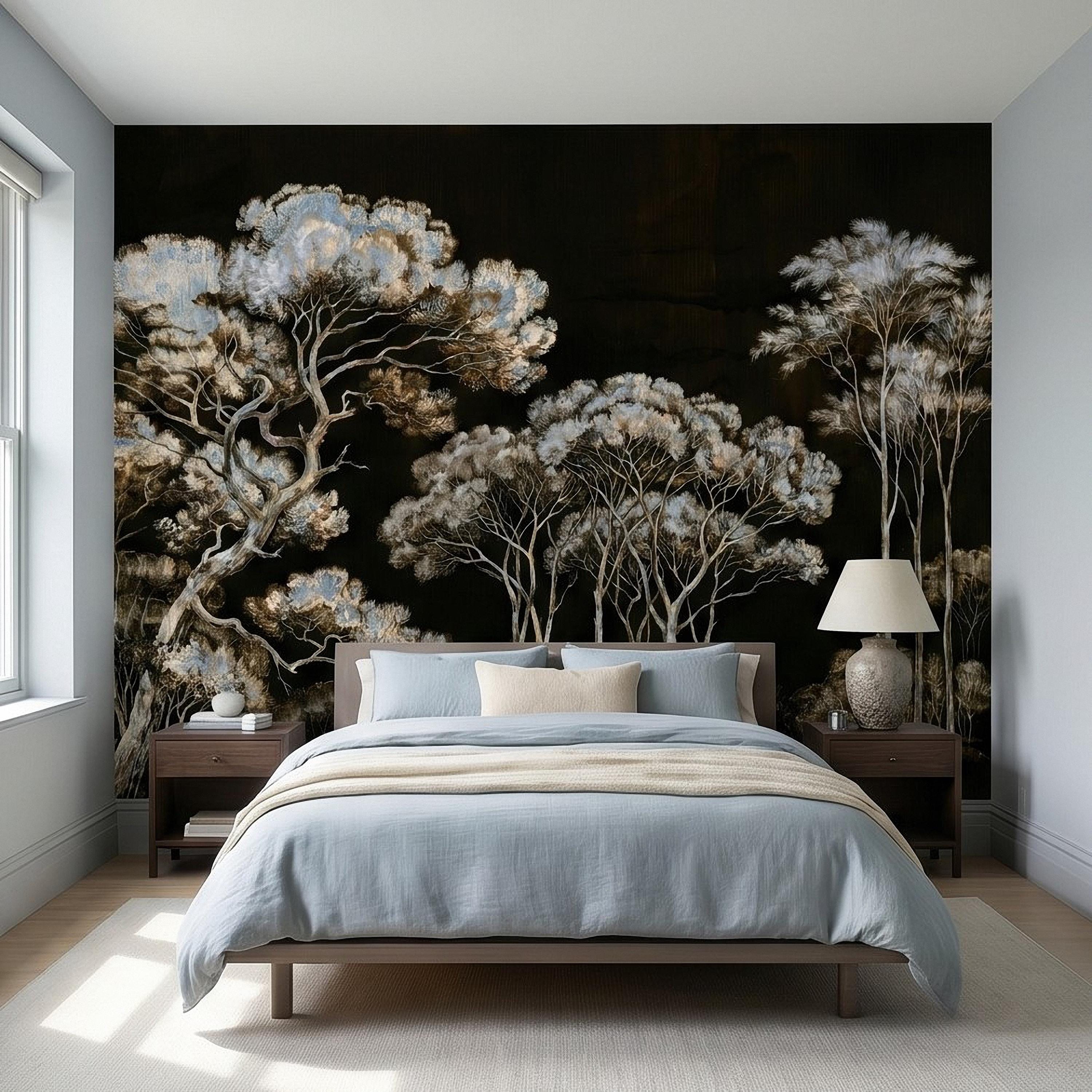 Chinoiserie Tree Peel and Stick Wall Mural, Moody Black Forest Landscape, Hand Painted Style Wallpaper