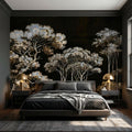 Chinoiserie Tree Peel and Stick Wall Mural, Moody Black Forest Landscape, Hand Painted Style Wallpaper
