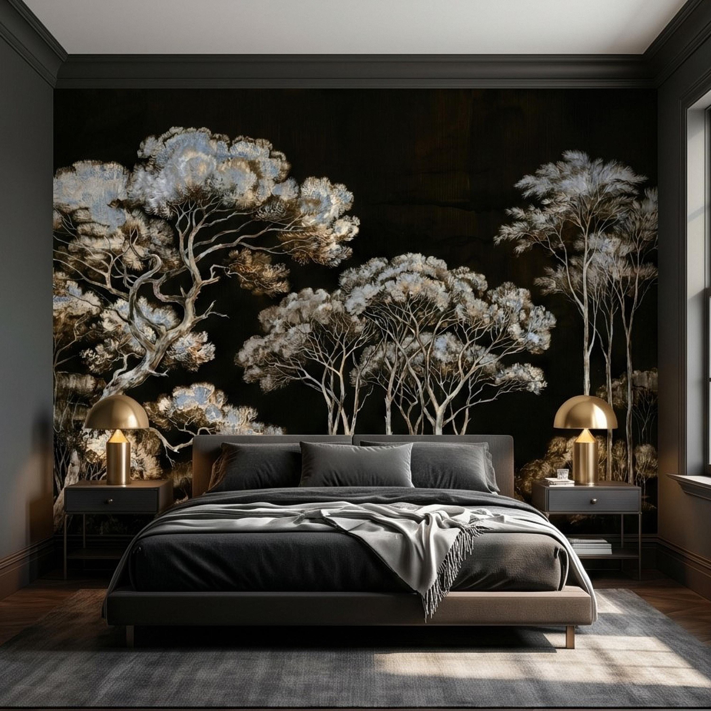 Chinoiserie Tree Peel and Stick Wall Mural, Moody Black Forest Landscape, Hand Painted Style Wallpaper
