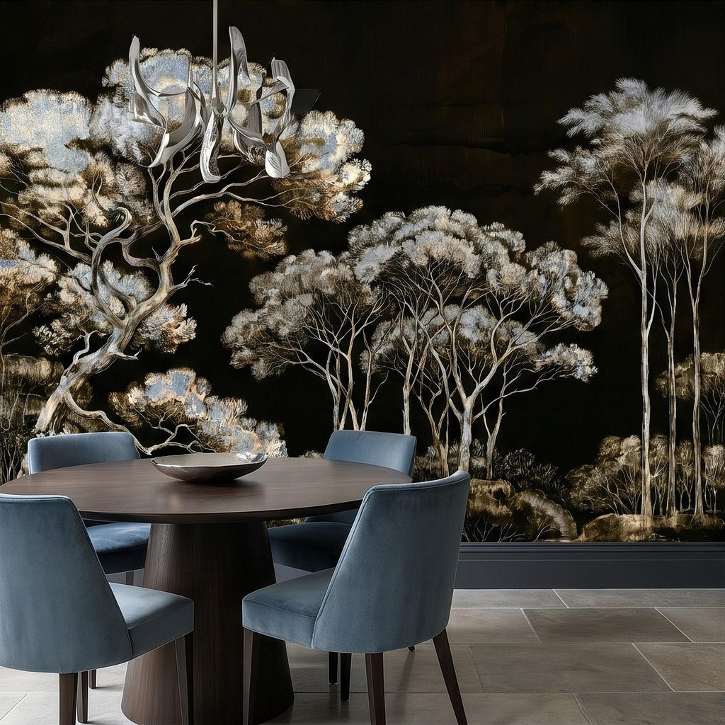 Chinoiserie Tree Peel and Stick Wall Mural, Moody Black Forest Landscape, Hand Painted Style Wallpaper