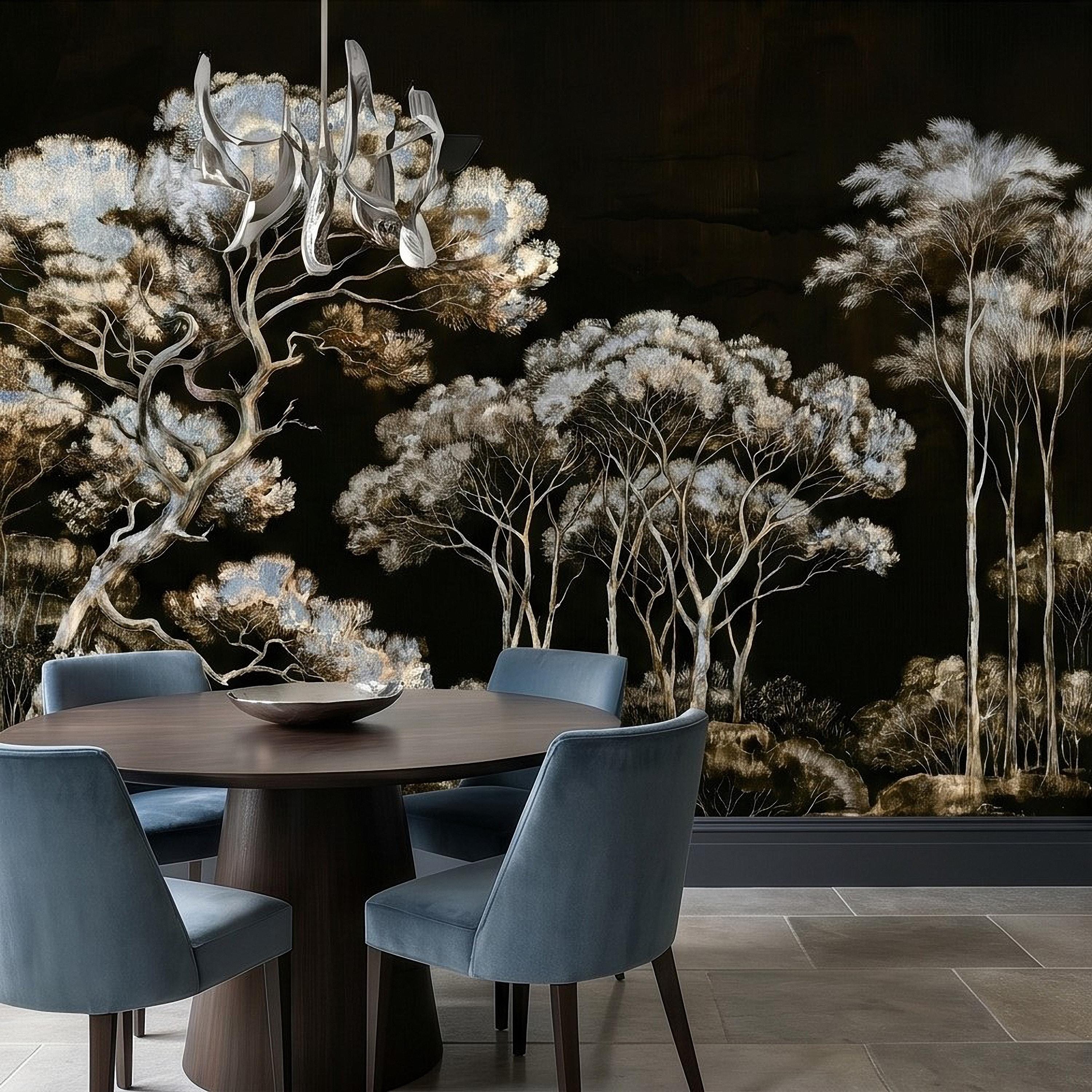 Chinoiserie Tree Peel and Stick Wall Mural, Moody Black Forest Landscape, Hand Painted Style Wallpaper