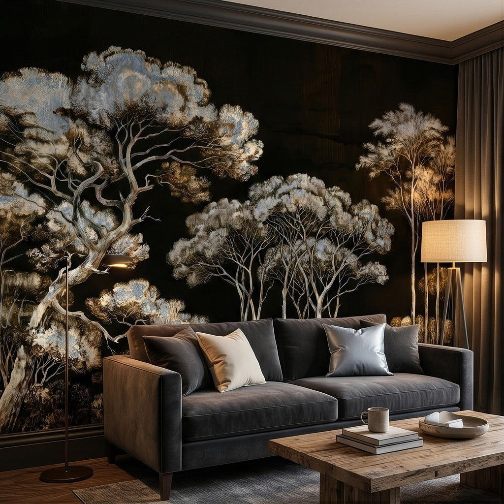 Chinoiserie Tree Peel and Stick Wall Mural, Moody Black Forest Landscape, Hand Painted Style Wallpaper