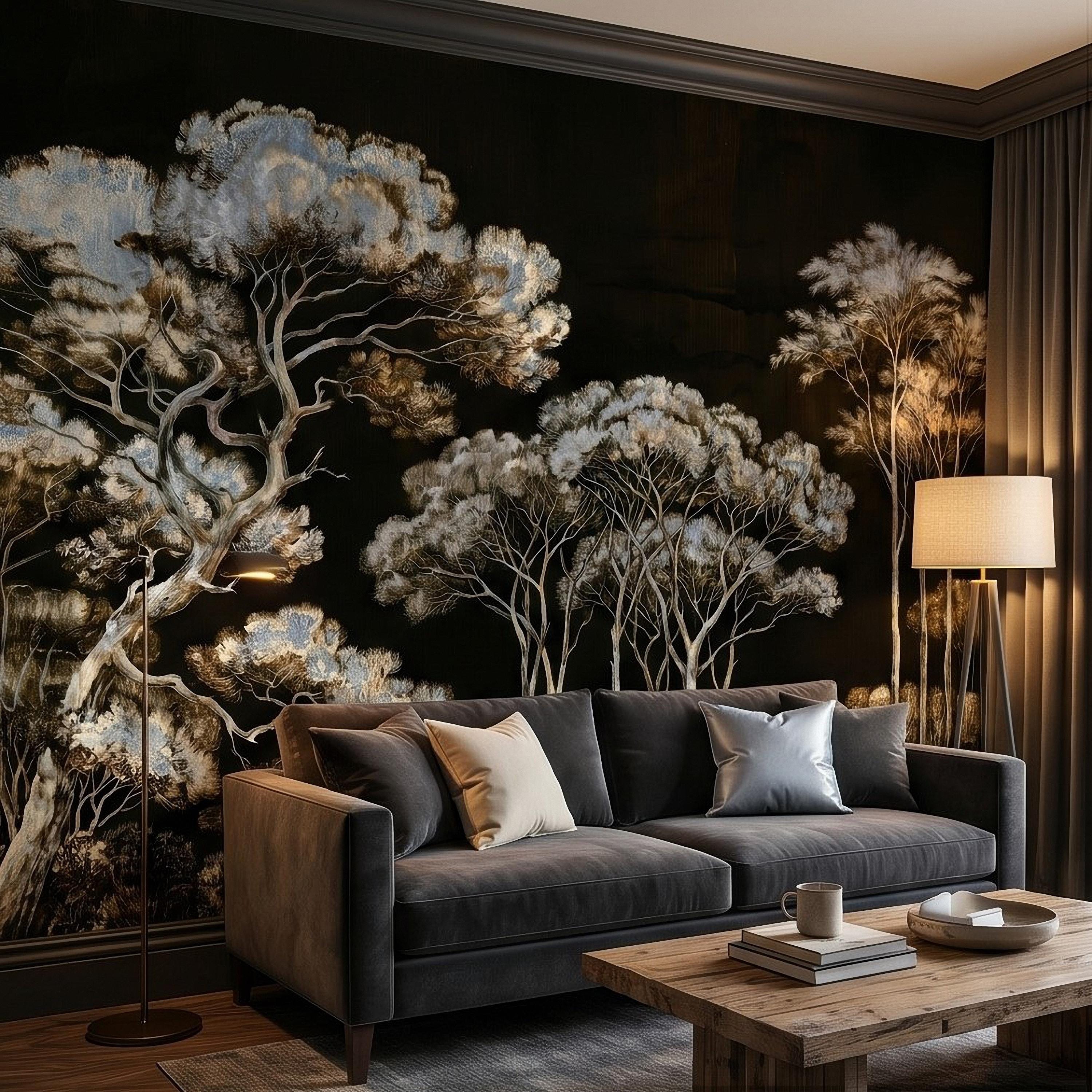 Chinoiserie Tree Peel and Stick Wall Mural, Moody Black Forest Landscape, Hand Painted Style Wallpaper