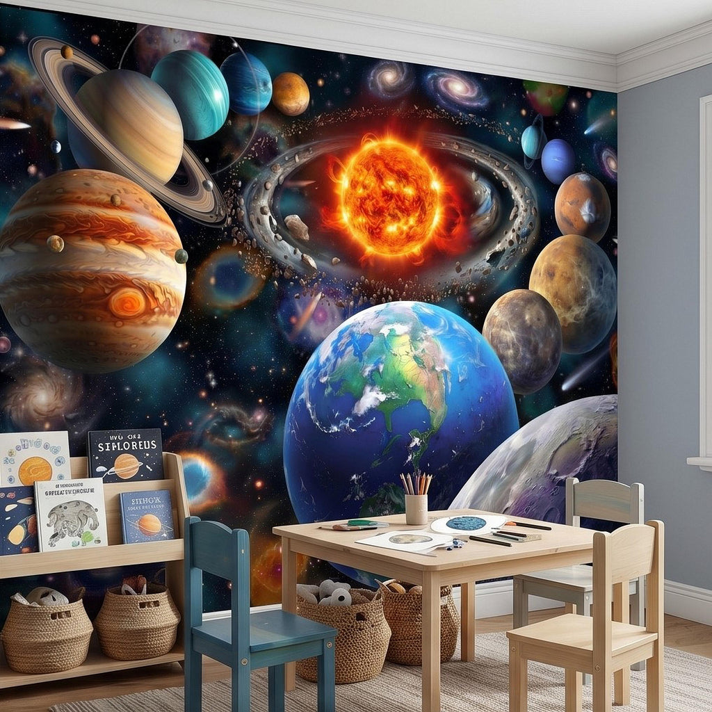 Solar System Peel and Stick Wall Mural, Outer Space Galaxy Planets and Sun, Kids Room Astronomy Decor Wallpaper